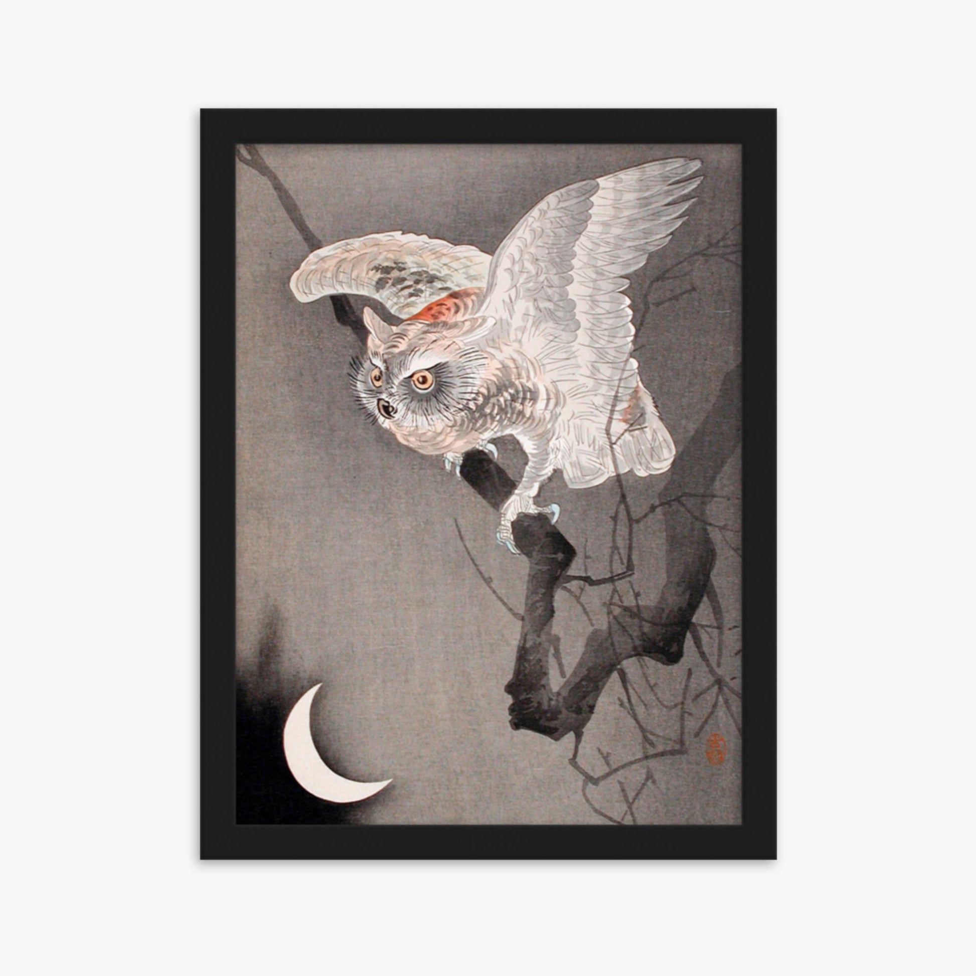 Ohara Koson - Scops Owl in Moonlight  30x40 cm Poster With Black Frame