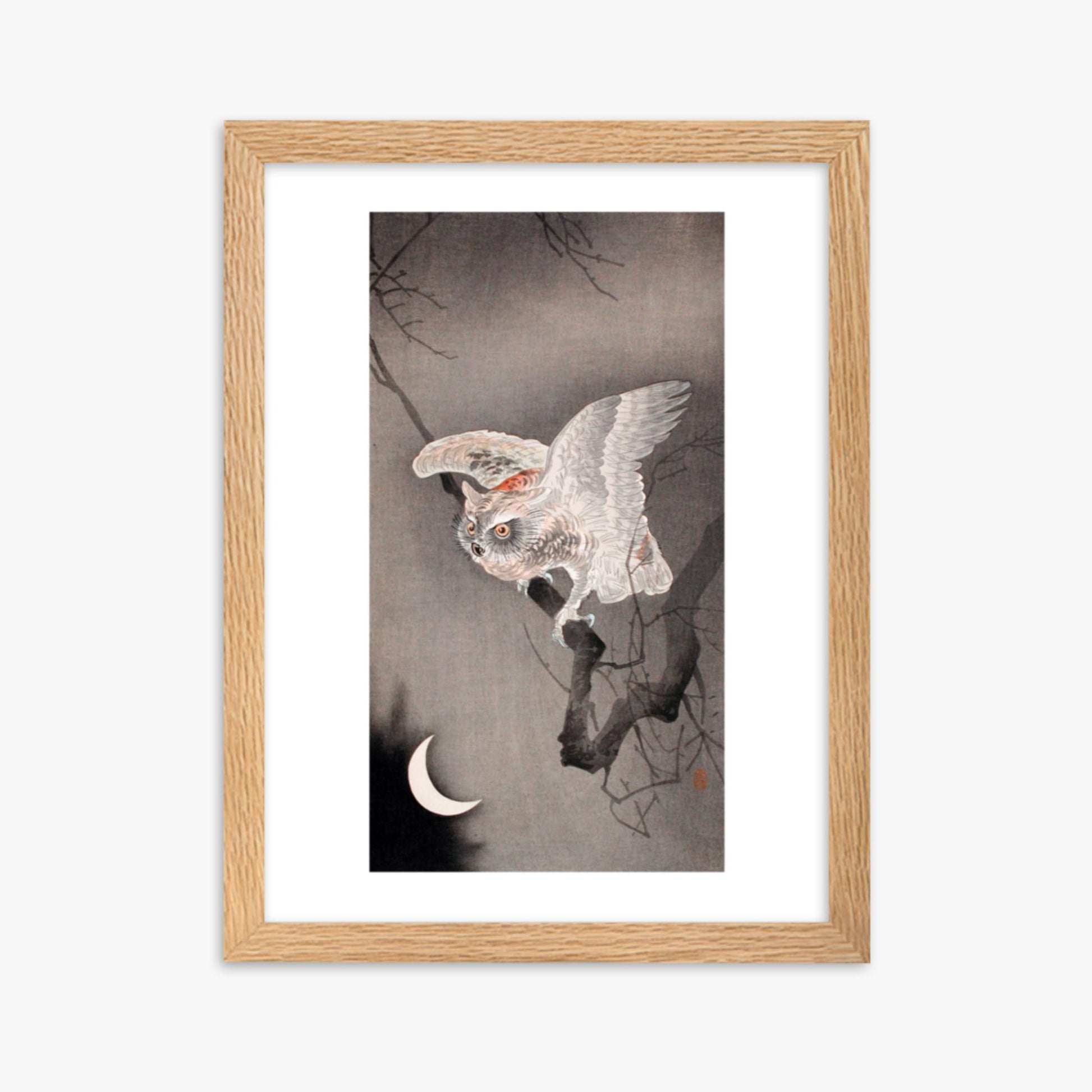 Ohara Koson - Scops Owl in Moonlight  30x40 cm Poster With Oak Frame