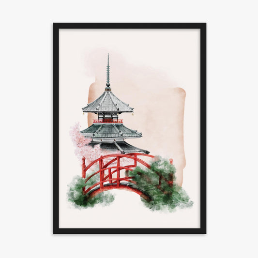 Modern illustration: Shrine with Bridge 50x70 cm Poster With Black Frame Frame