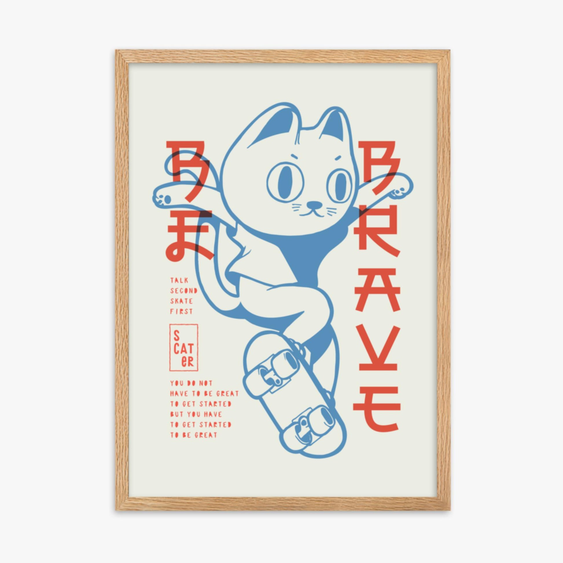 Modern illustration: Skater Cat 50x70 cm Poster With Oak Frame Frame