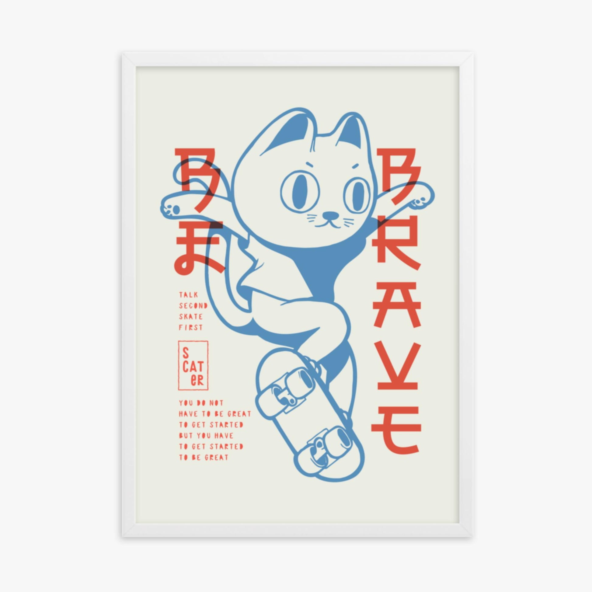 Modern illustration: Skater Cat 50x70 cm Poster With White Frame Frame