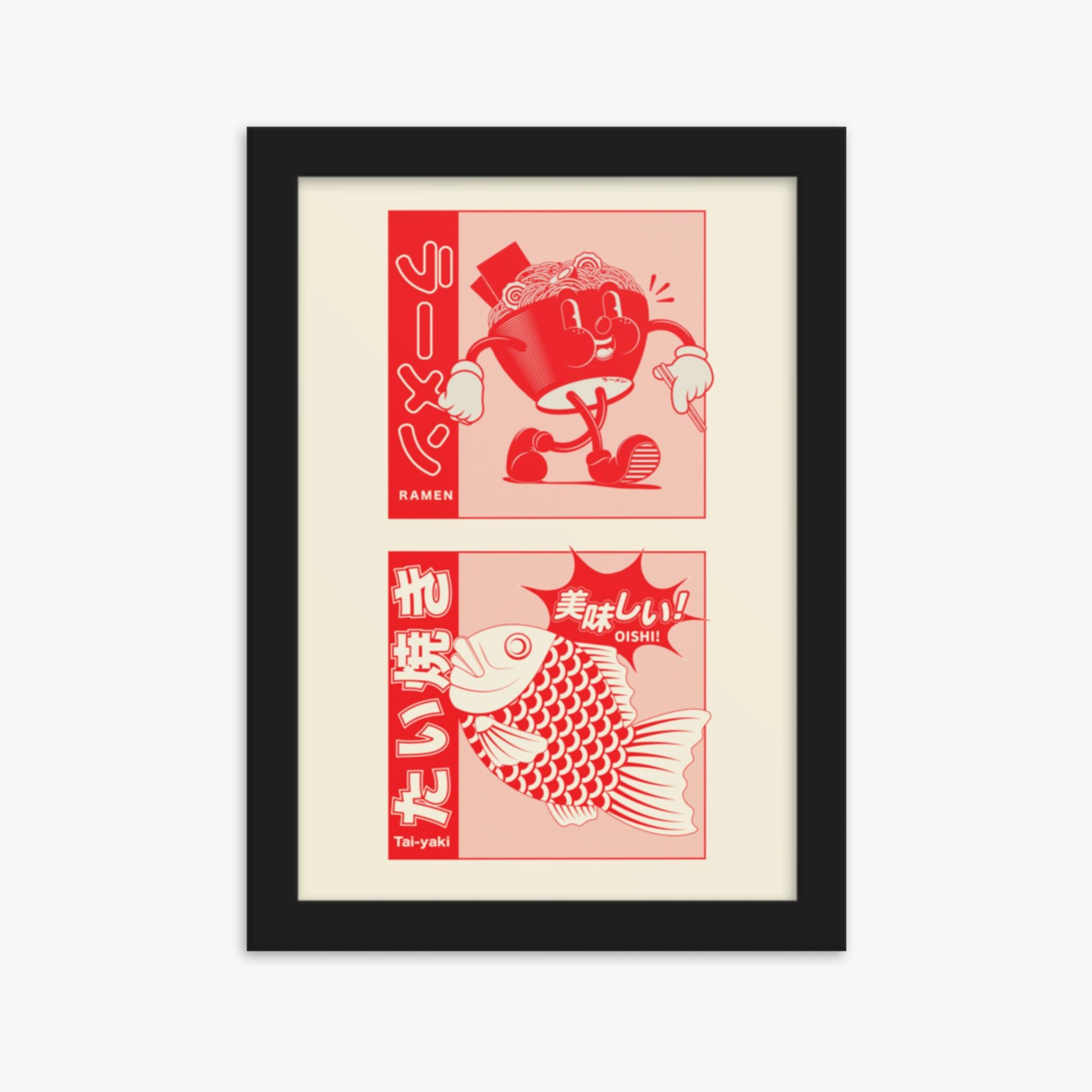Modern illustration: Taiyaki & Ramen 21x30 cm Poster With Black Frame Frame