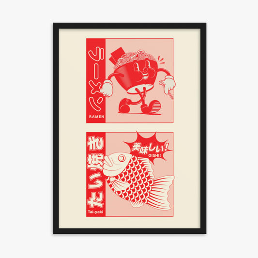 Modern illustration: Taiyaki & Ramen 50x70 cm Poster With Black Frame Frame