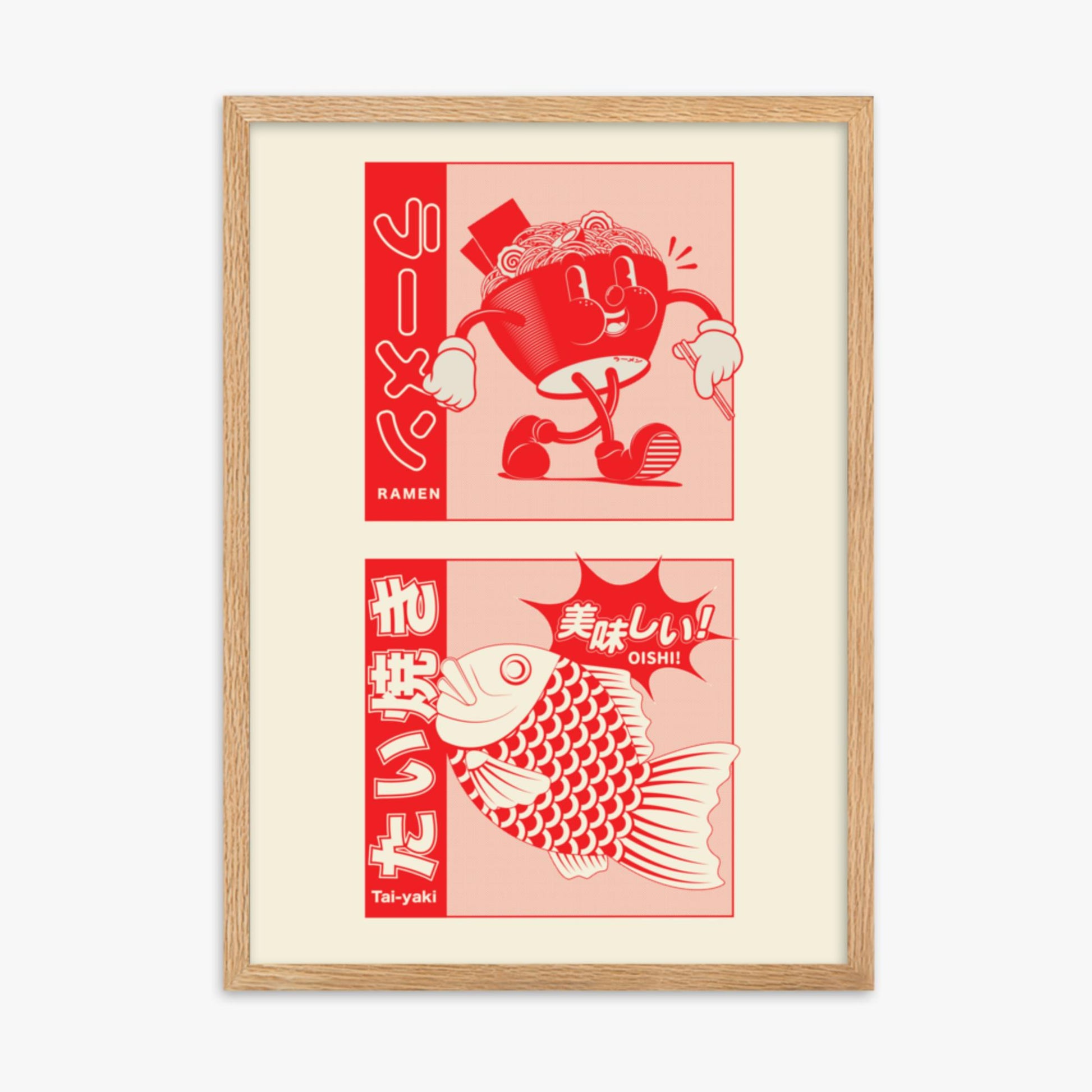 Modern illustration: Taiyaki & Ramen 50x70 cm Poster With Oak Frame Frame