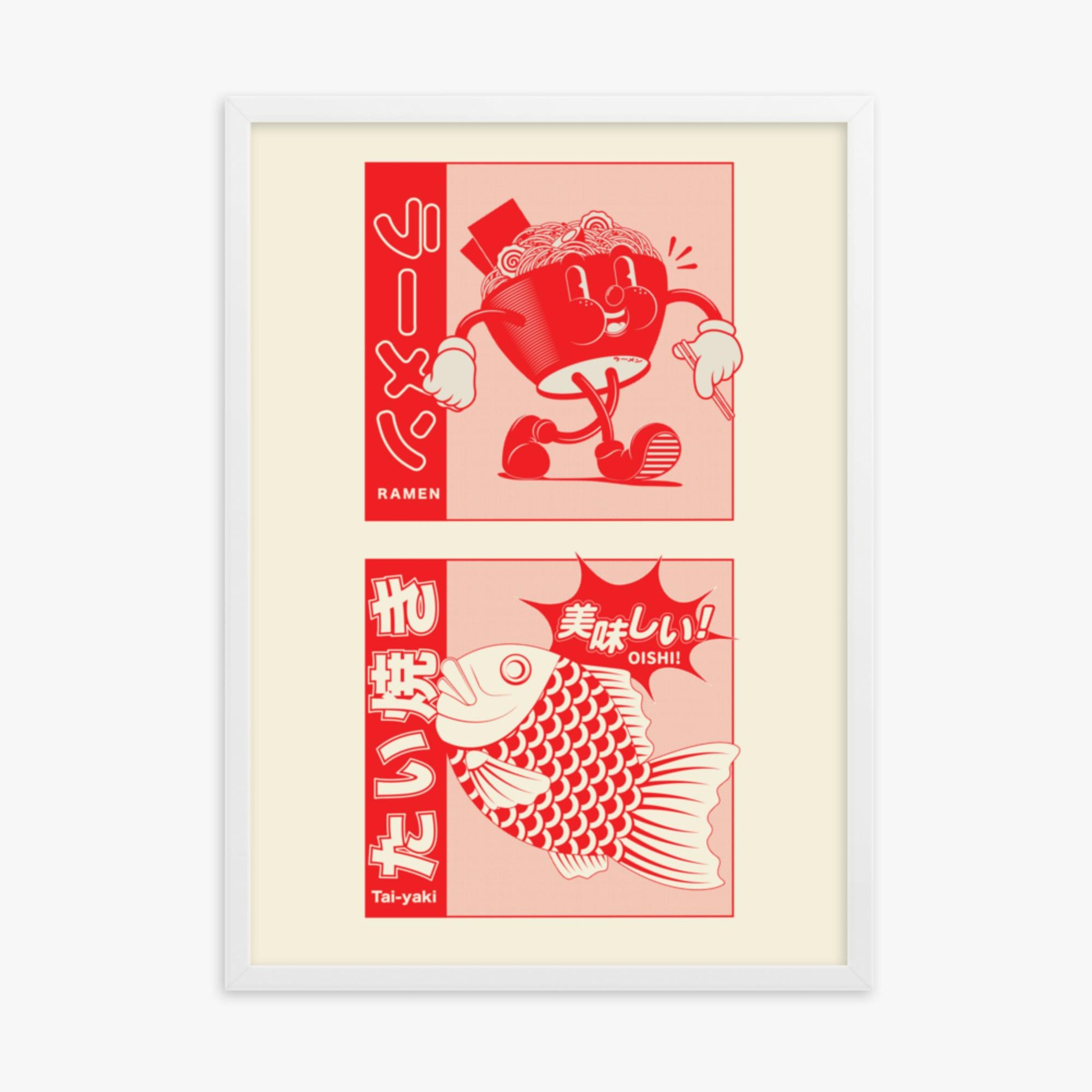 Modern illustration: Taiyaki & Ramen 50x70 cm Poster With White Frame Frame