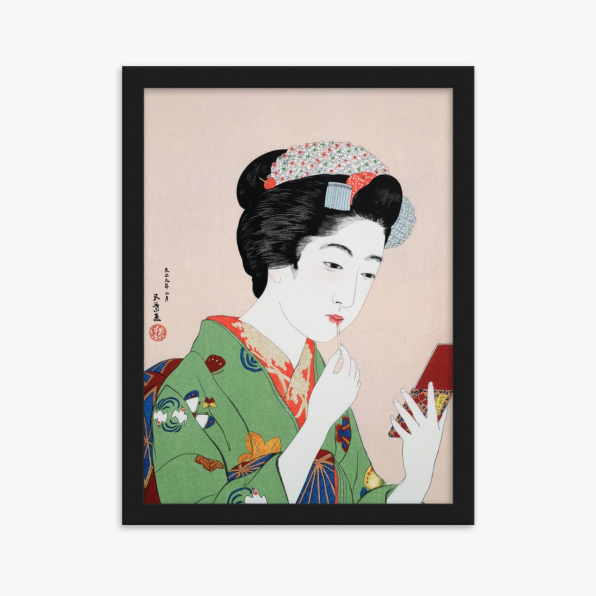 Goyō Hashiguchi - Woman Applying Rouge 30x40 cm Poster With Black Frame