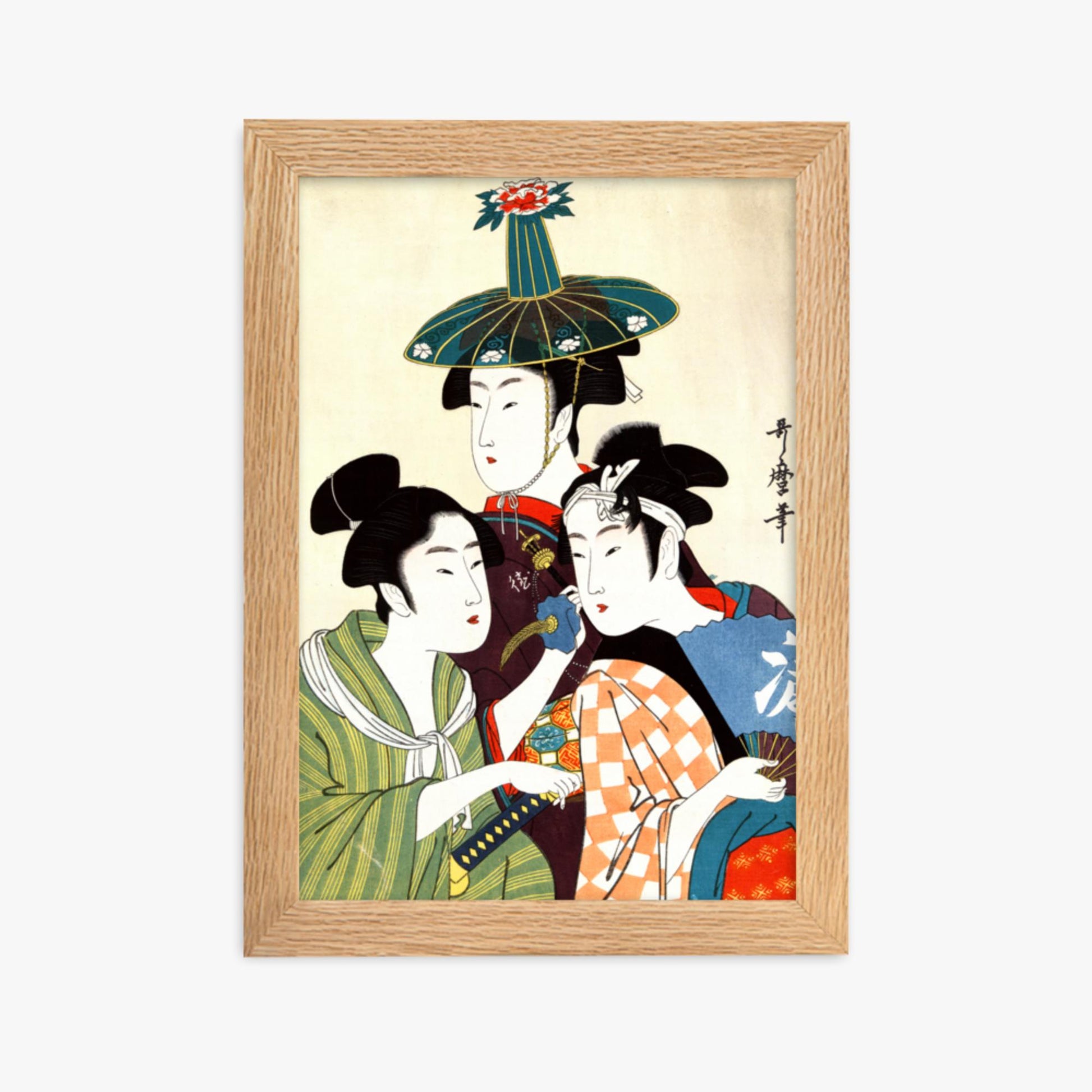 Utamaro Kitagawa - Three Young Men or Women  21x30 cm Poster With Oak Frame