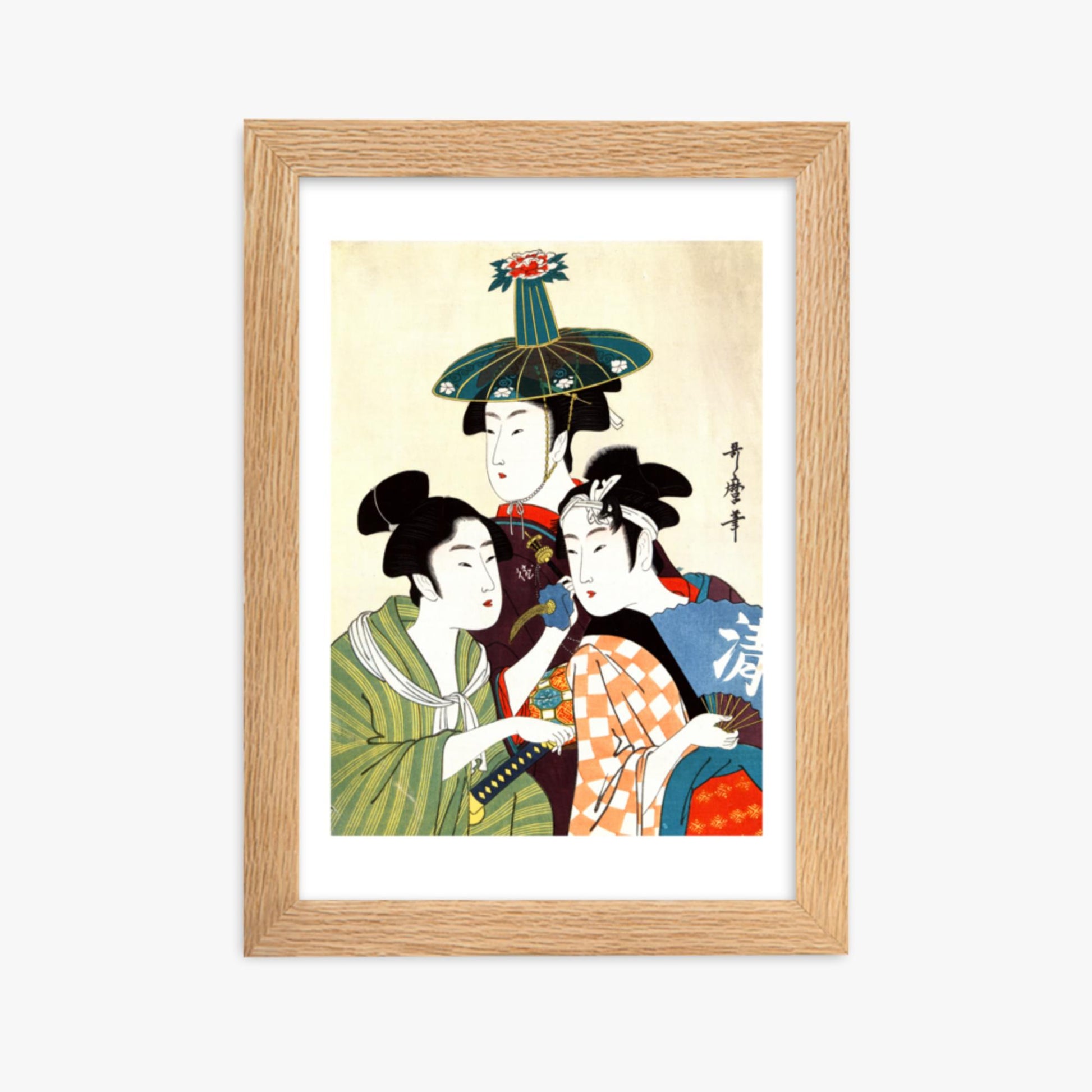 Utamaro Kitagawa - Three Young Men or Women  21x30 cm Poster With Oak Frame