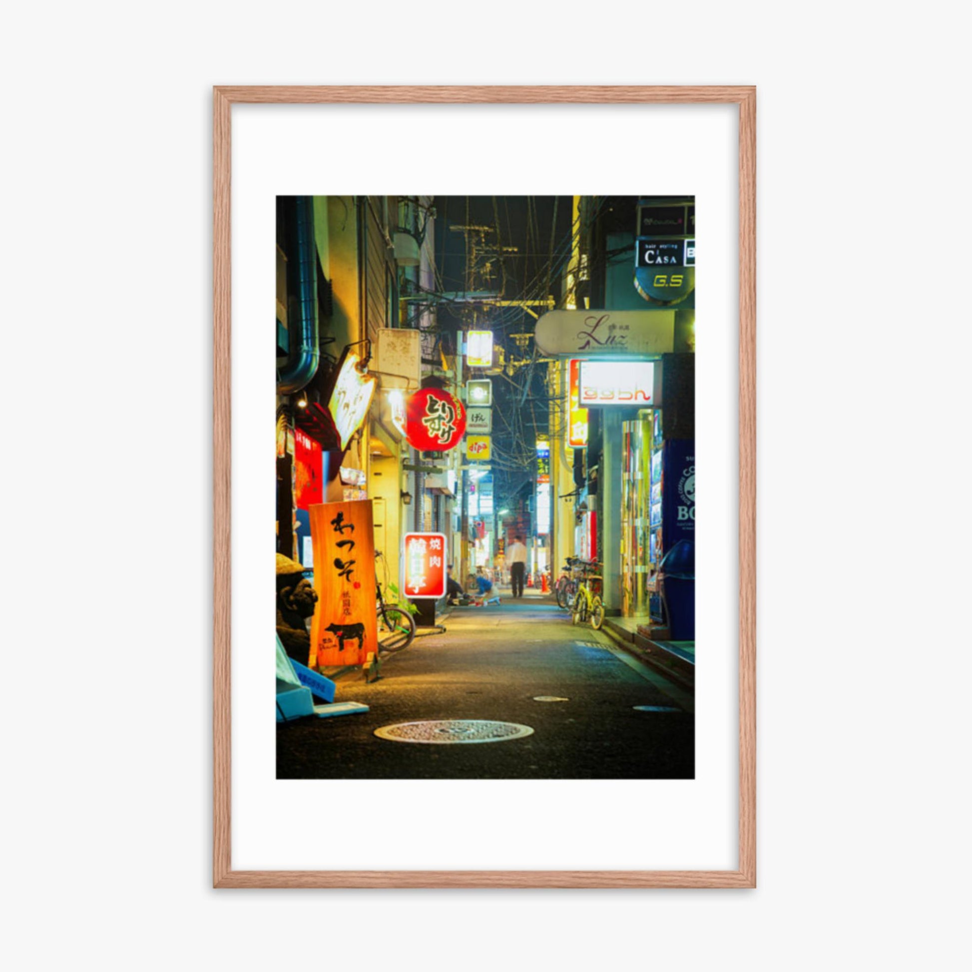 Kyoto, Japan backstreet at night 24x36 in Poster With Oak Frame