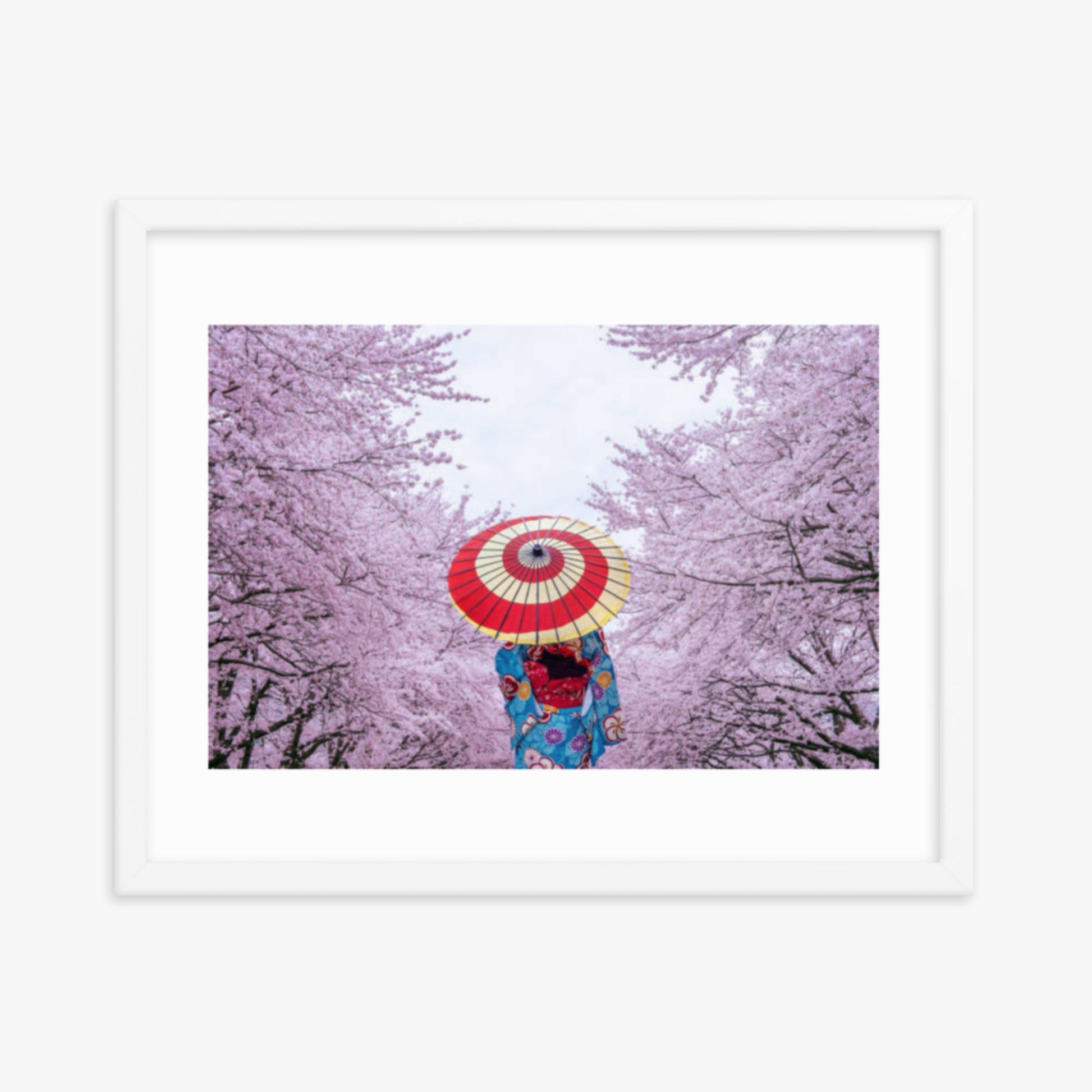 Asian woman wearing japanese traditional kimono and cherry blossom in spring 16x20 in Poster With White Frame