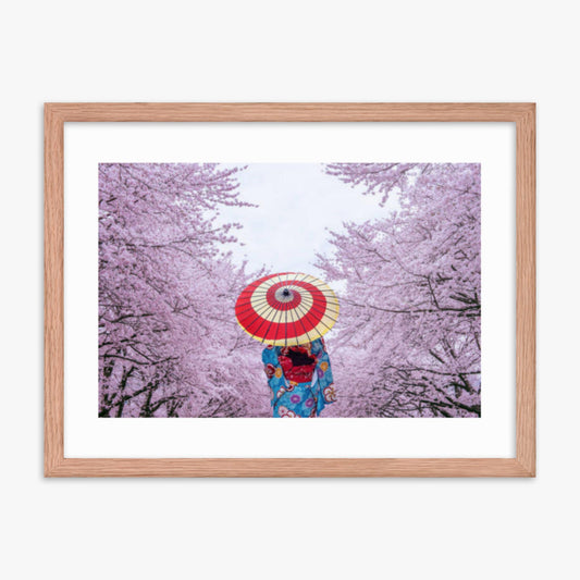 Asian woman wearing japanese traditional kimono and cherry blossom in spring 18x24 in Poster With Oak Frame