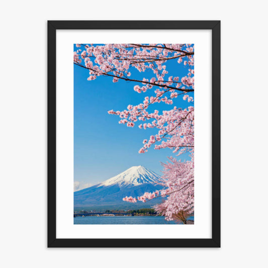 Pink Sakura Branches and Fuji Mountain Background at Kawaguchiko Lake 18x24 in Poster With Black Frame