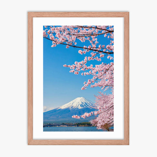 Pink Sakura Branches and Fuji Mountain Background at Kawaguchiko Lake 18x24 in Poster With Oak Frame