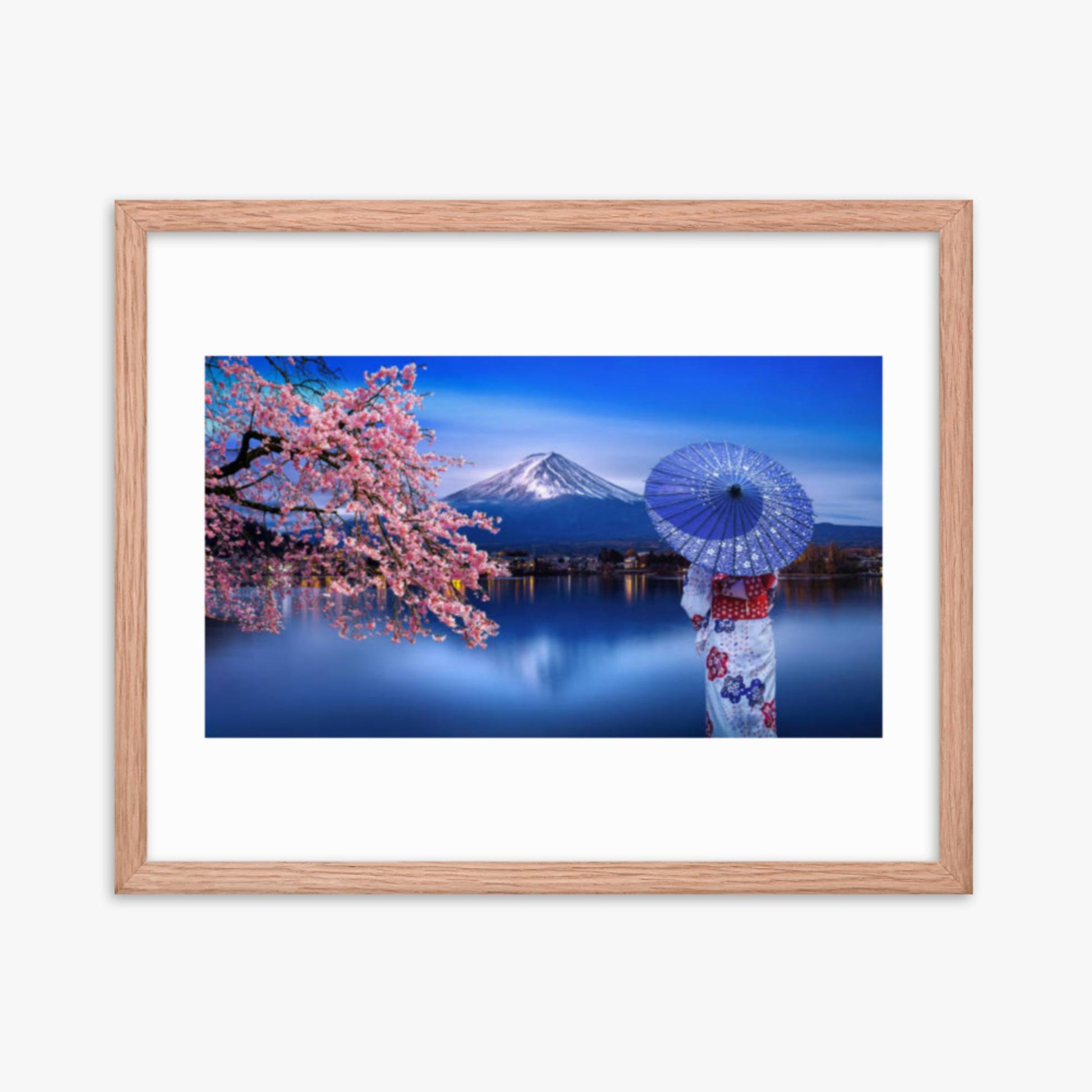 Asian woman wearing japanese traditional kimono at Fuji Mountain and cherry blossom, Kawaguchiko Lake in Japan 16x20 in Poster With Oak Frame