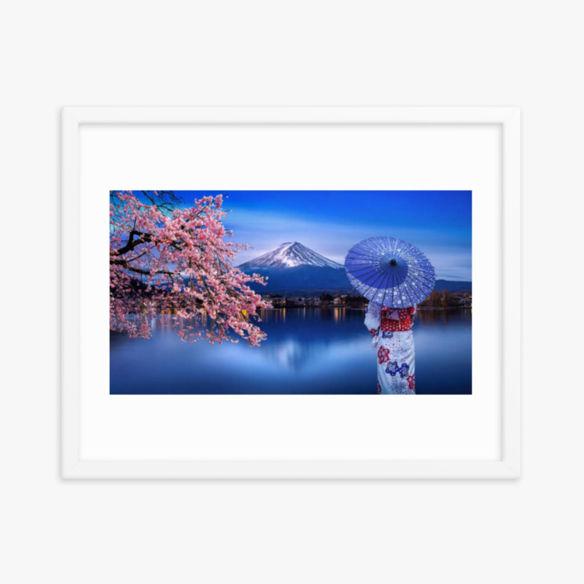 Asian woman wearing japanese traditional kimono at Fuji Mountain and cherry blossom, Kawaguchiko Lake in Japan 16x20 in Poster With White Frame