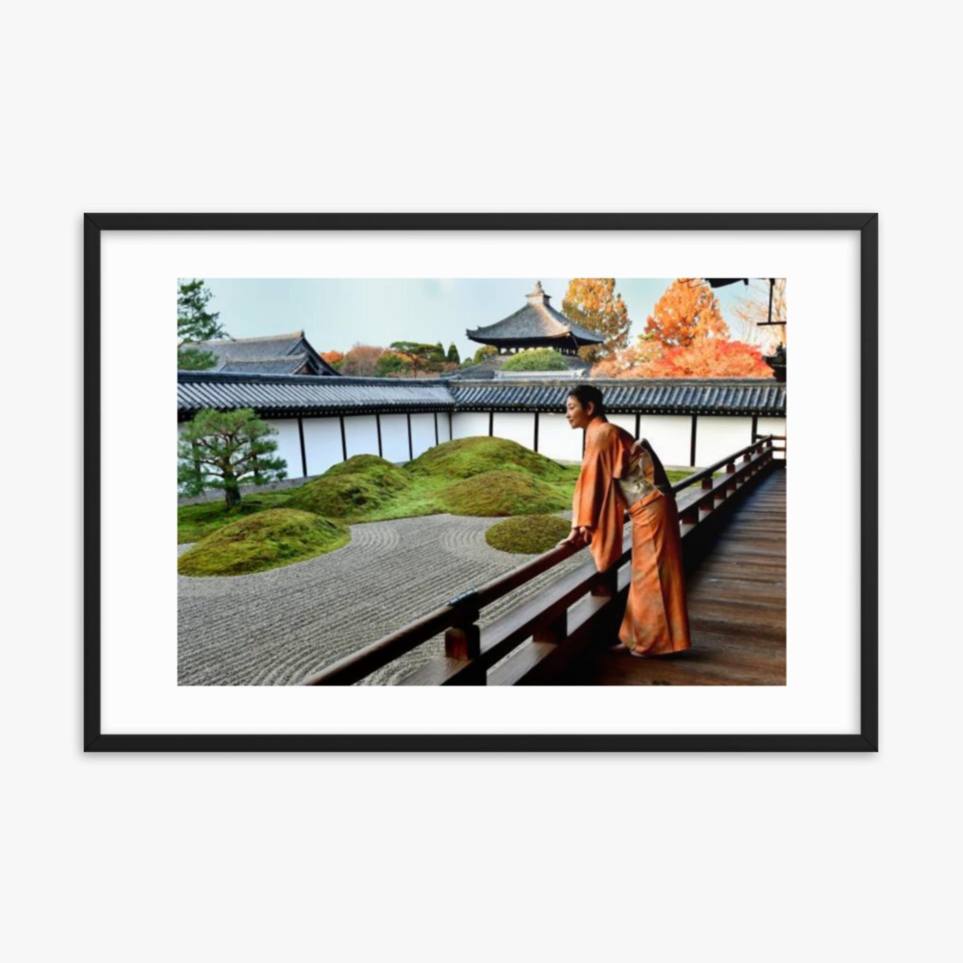 Japanese Woman in Kimono Appreciating Japanese Garden at Tofukuji, Kyoto 24x36 in Poster With Black Frame