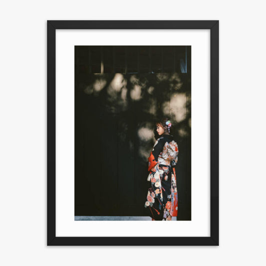 Portrait of beautiful woman in traditional Kimono walking in the street in Kyoto, Japan 18x24 in Poster With Black Frame