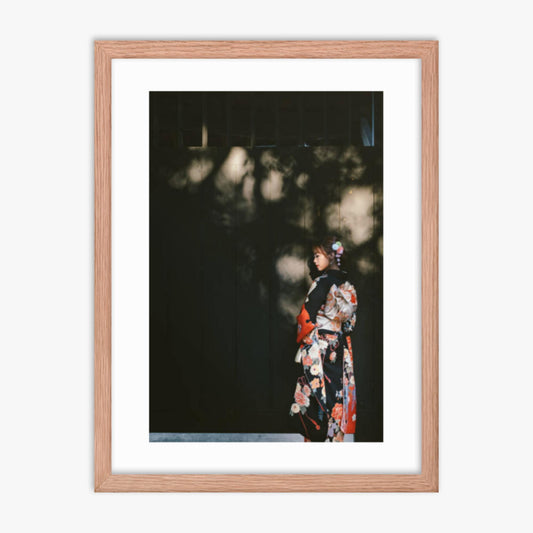 Portrait of beautiful woman in traditional Kimono walking in the street in Kyoto, Japan 18x24 in Poster With Oak Frame