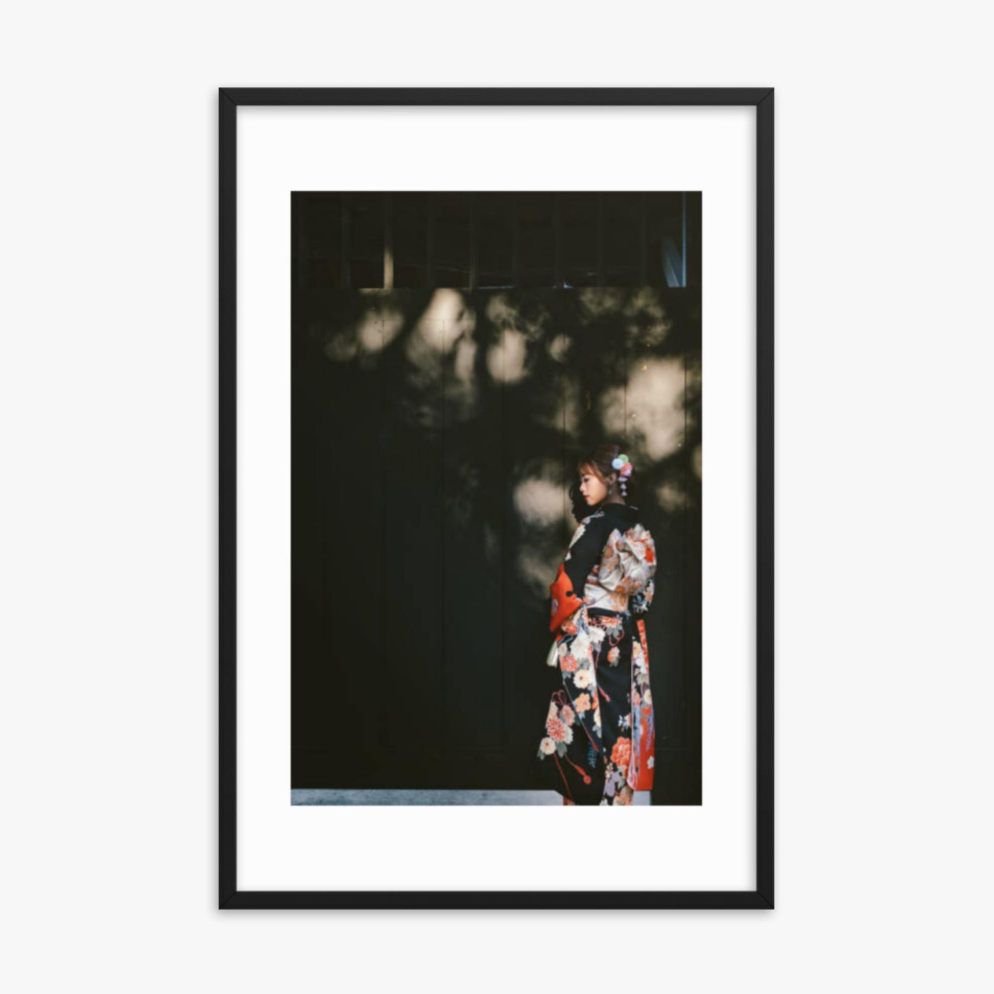 Portrait of beautiful woman in traditional Kimono walking in the street in Kyoto, Japan 24x36 in Poster With Black Frame