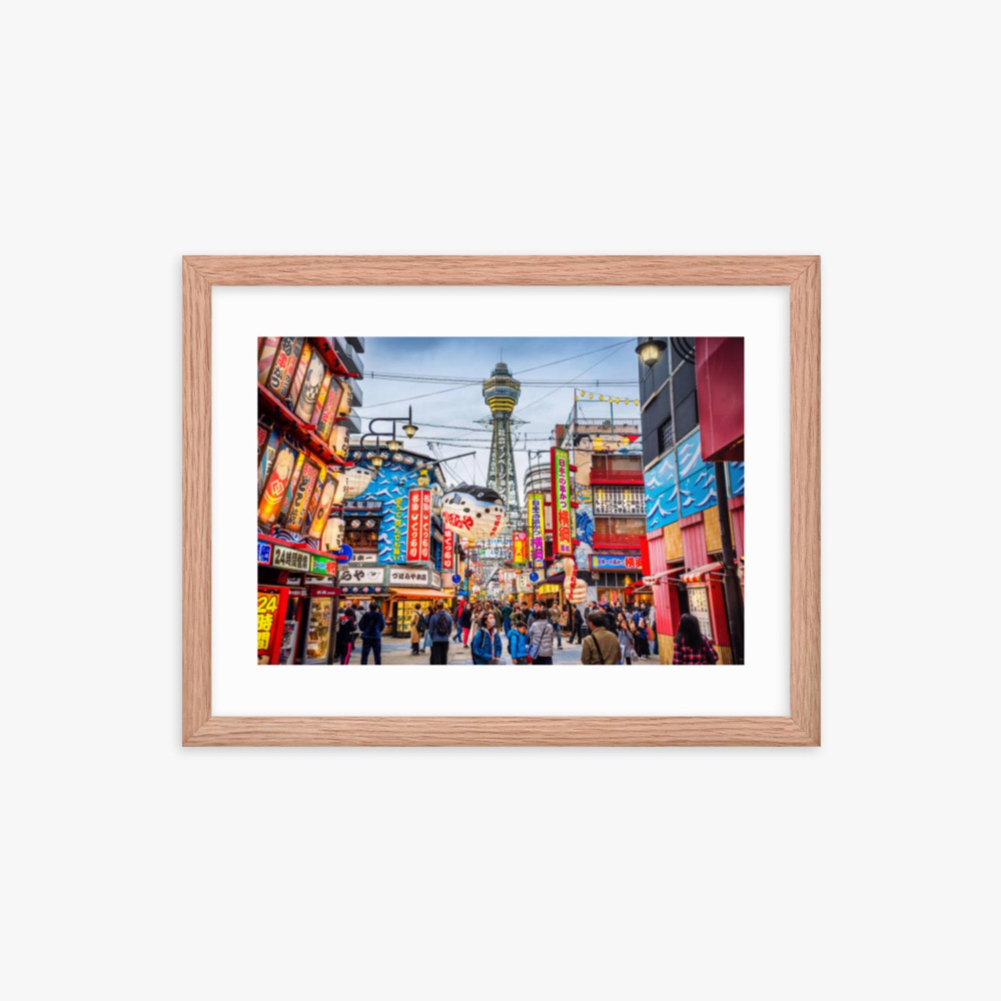 Osaka Tower and view of the neon advertisements in Shinsekai district at dusk 12x16 in Poster With Oak Frame