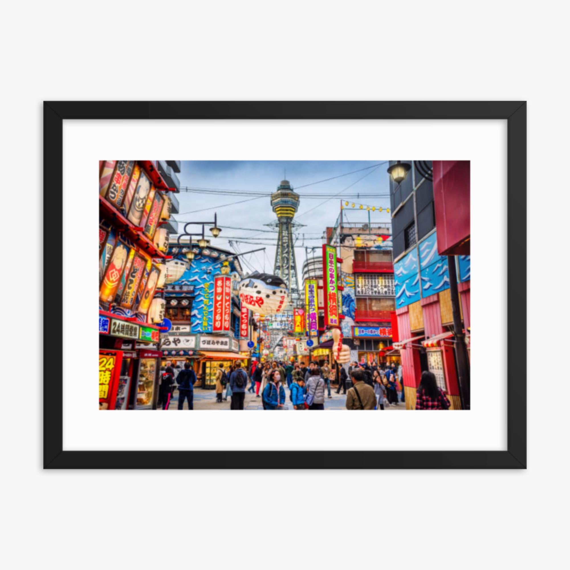 Osaka Tower and view of the neon advertisements in Shinsekai district at dusk 18x24 in Poster With Black Frame