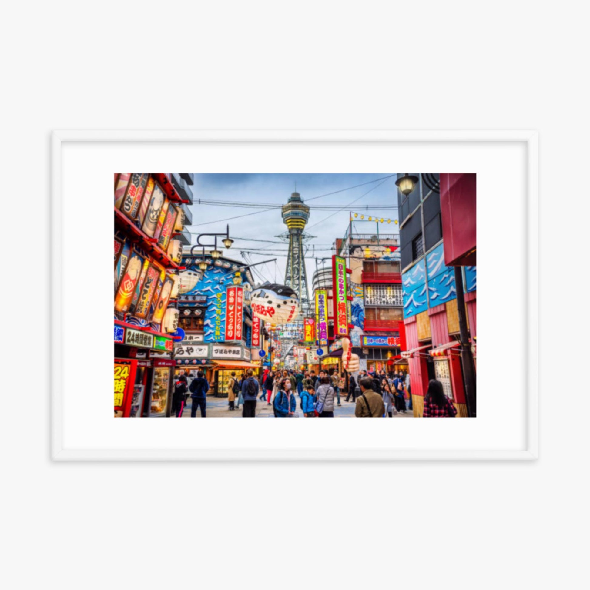 Osaka Tower and view of the neon advertisements in Shinsekai district at dusk 24x36 in Poster With White Frame