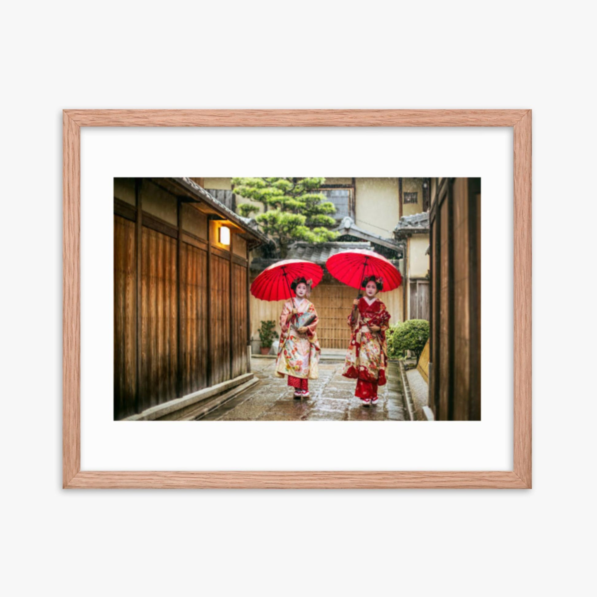 Geishas holding red umbrellas during rainy season 16x20 in Poster With Oak Frame