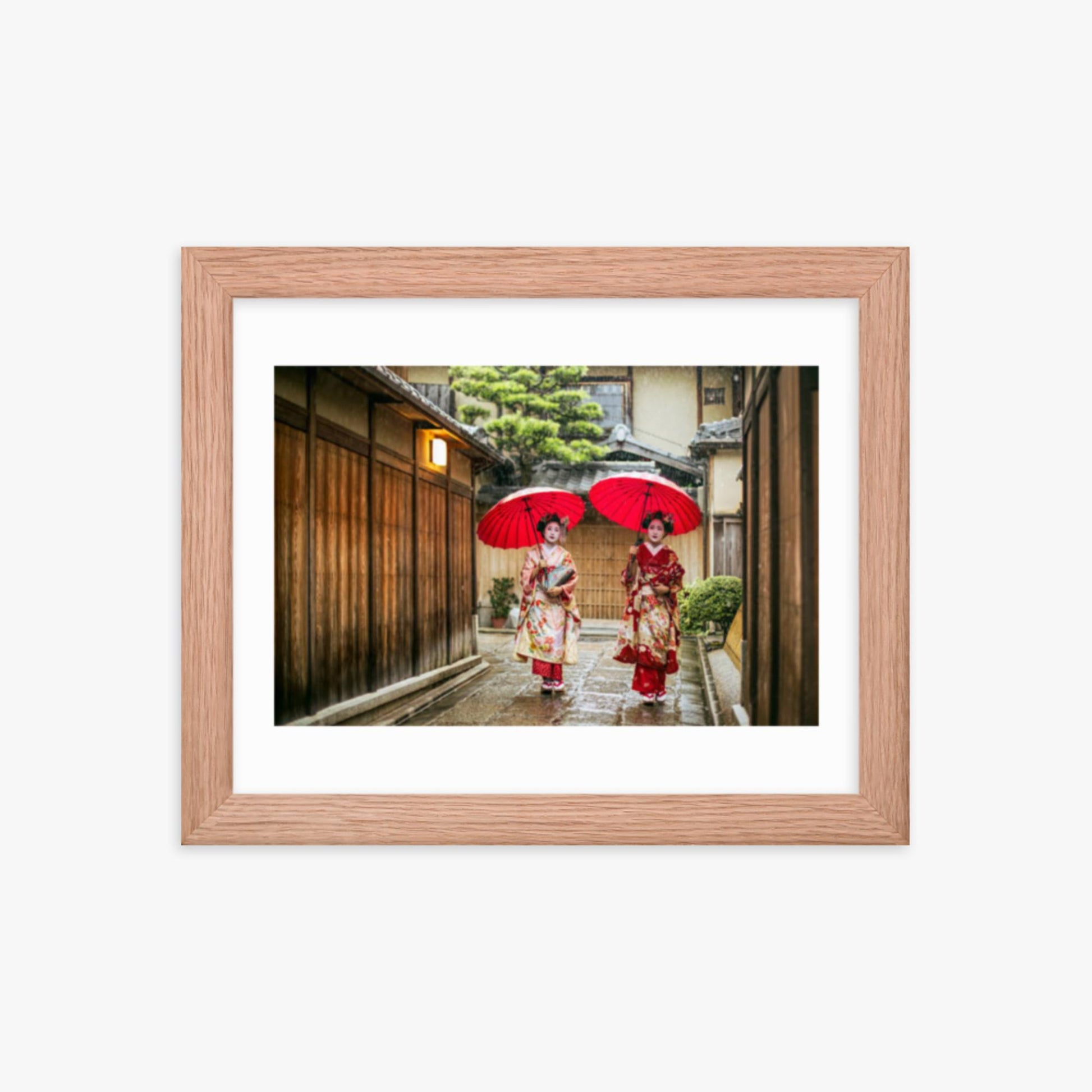 Geishas holding red umbrellas during rainy season 8x10 in Poster With Oak Frame