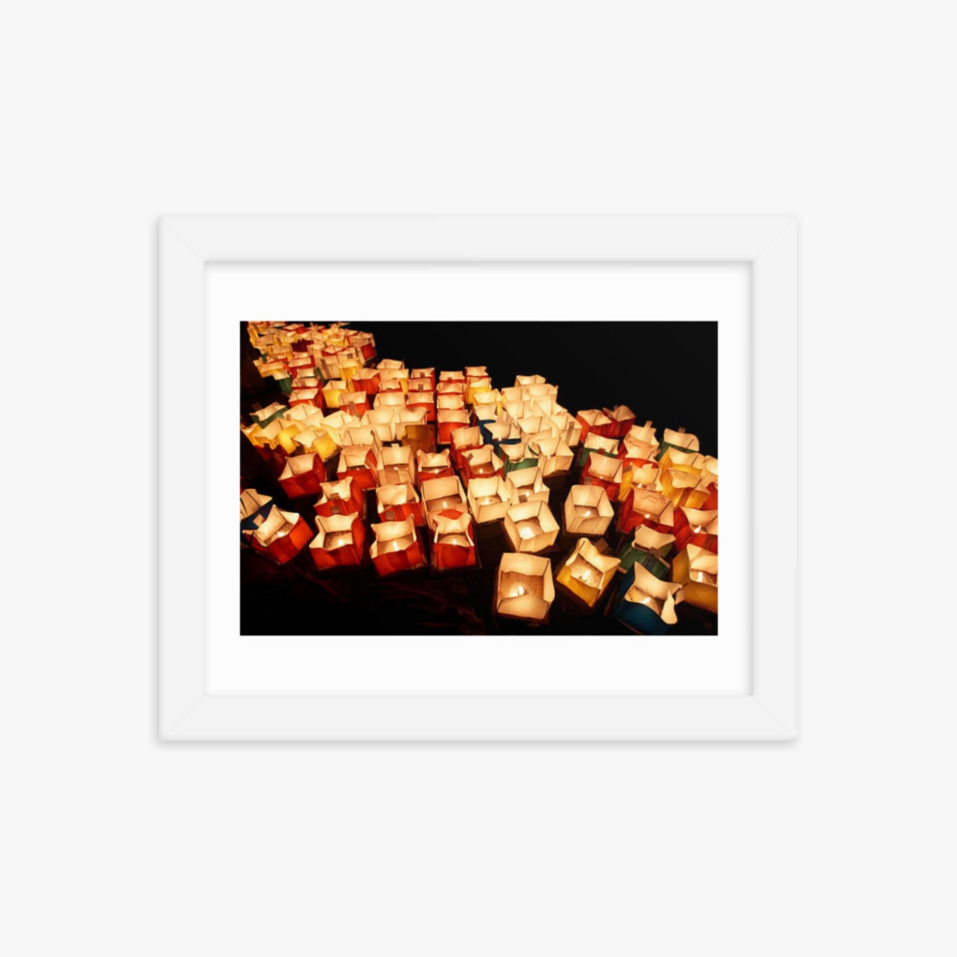 Lanterns lit on Hirosawa Pond, Kyoto 8x10 in Poster With White Frame