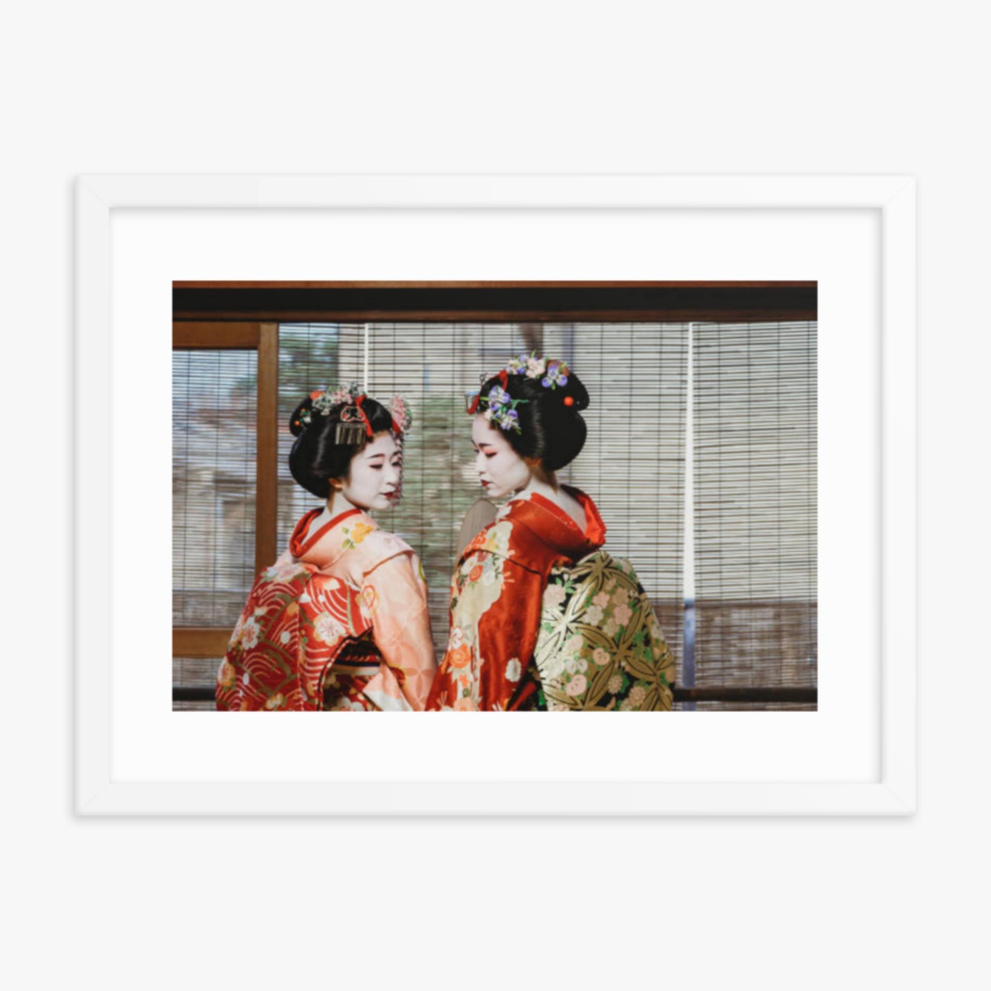 Maiko Women Together in Kyoto 18x24 in Poster With White Frame