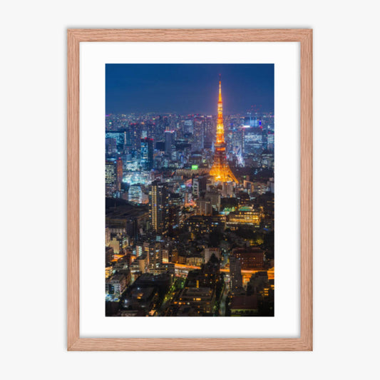 Tokyo Tower illuminated 18x24 in Poster With Oak Frame