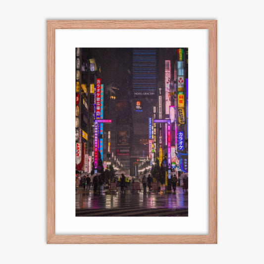 Snowy Shinjuku 18x24 in Poster With Oak Frame