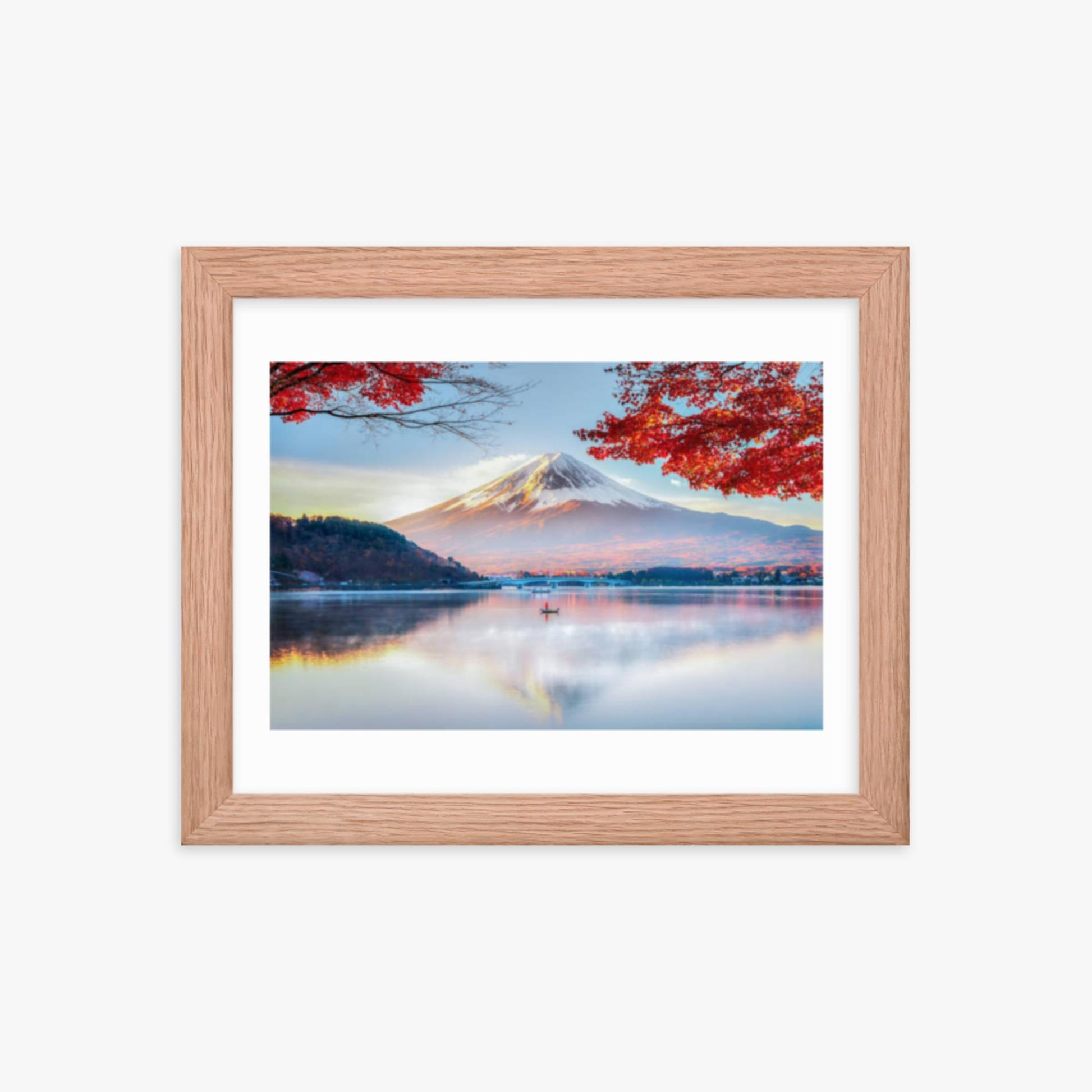 Fuji Mountain , Red Maple Tree and Fisherman Boat with Morning Mist in Autumn, Kawaguchiko Lake, Japan 8x10 in Poster With Oak Frame