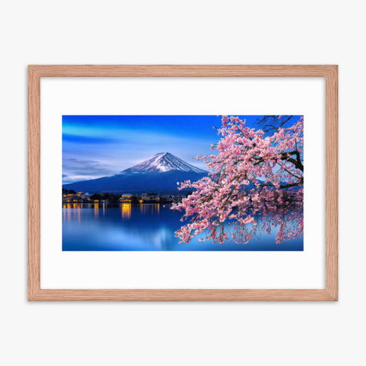 Fuji mountain and cherry blossoms in spring 18x24 in Poster With Oak Frame