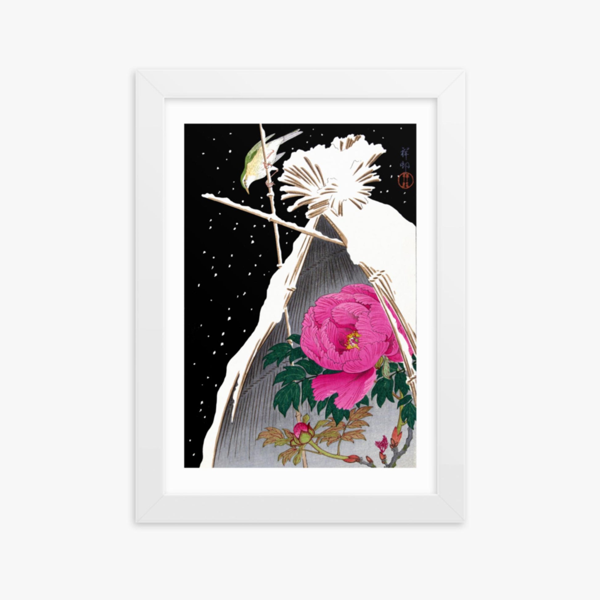 Ohara Koson - Siberian Bluechat Next to a Peony 21x30 cm Poster With White Frame