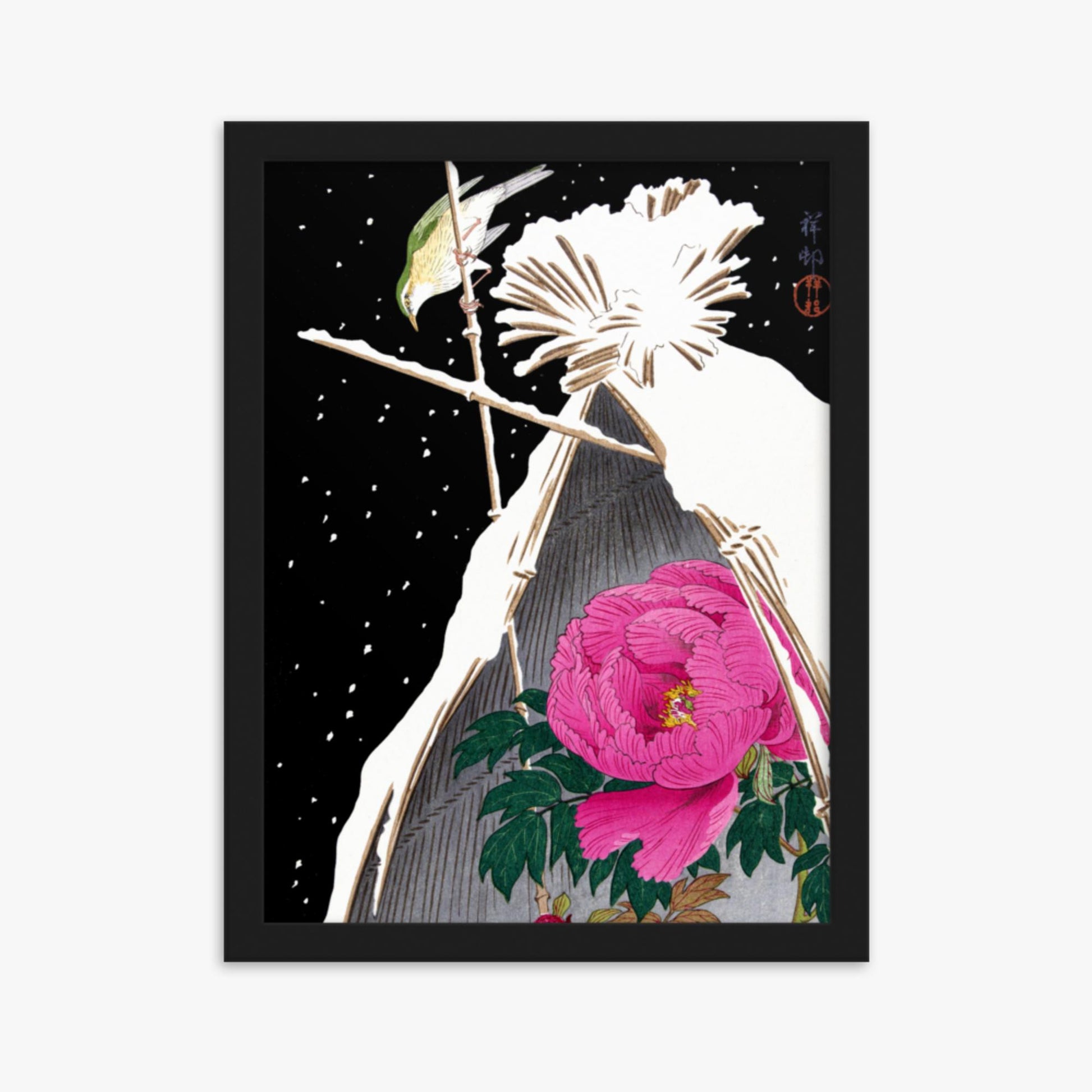 Ohara Koson - Siberian Bluechat Next to a Peony 30x40 cm Poster With Black Frame