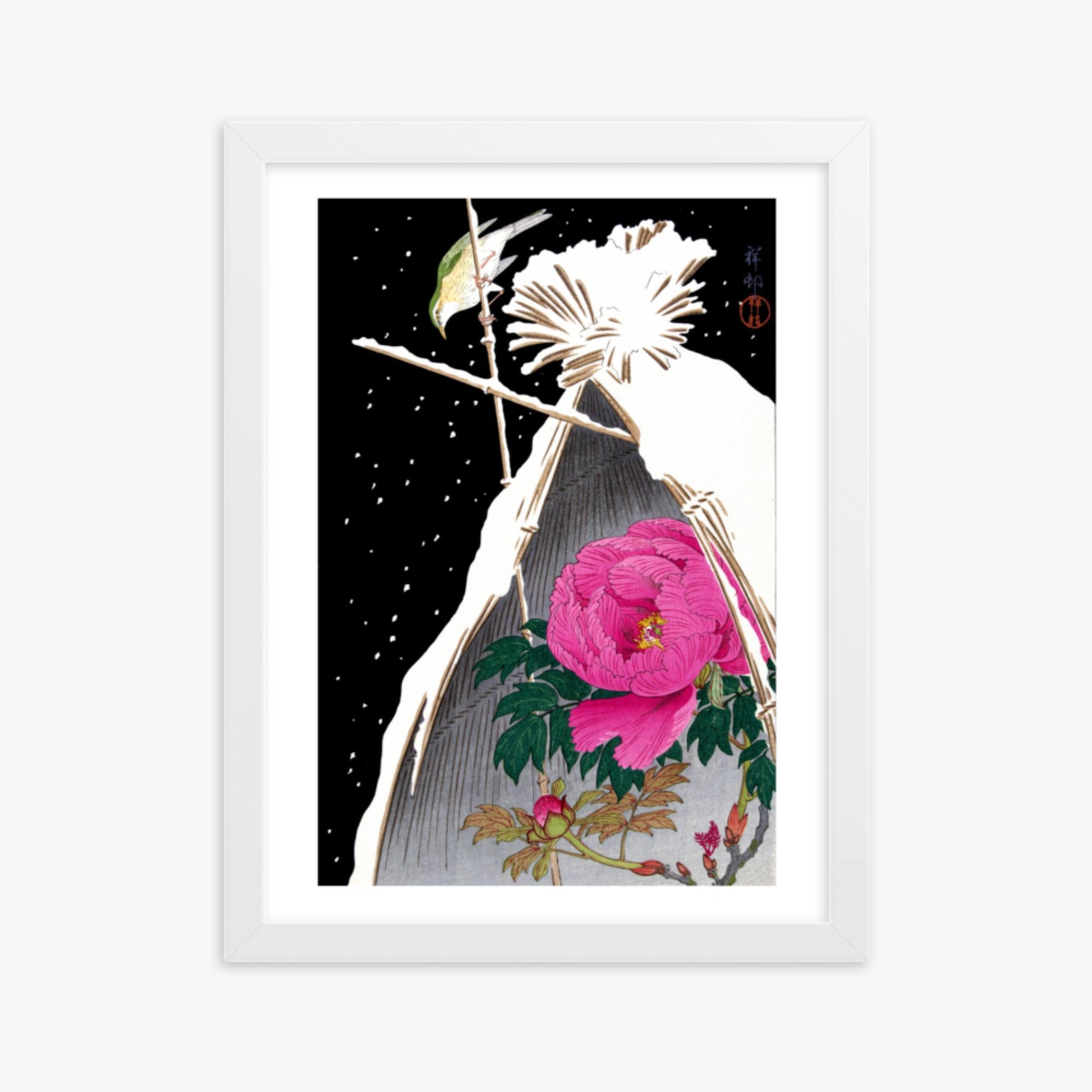 Ohara Koson - Siberian Bluechat Next to a Peony 30x40 cm Poster With White Frame