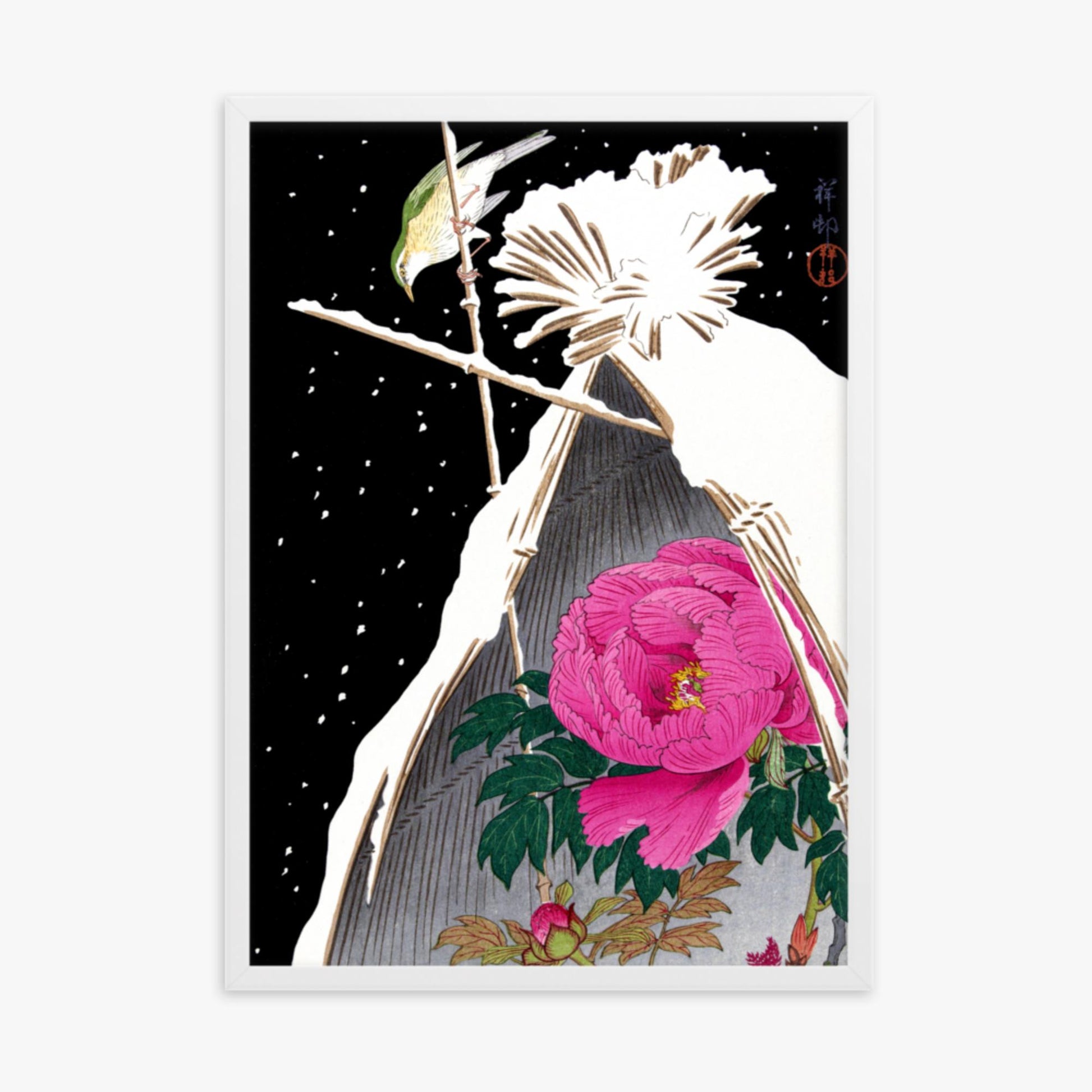 Ohara Koson - Siberian Bluechat Next to a Peony 50x70 cm Poster With White Frame