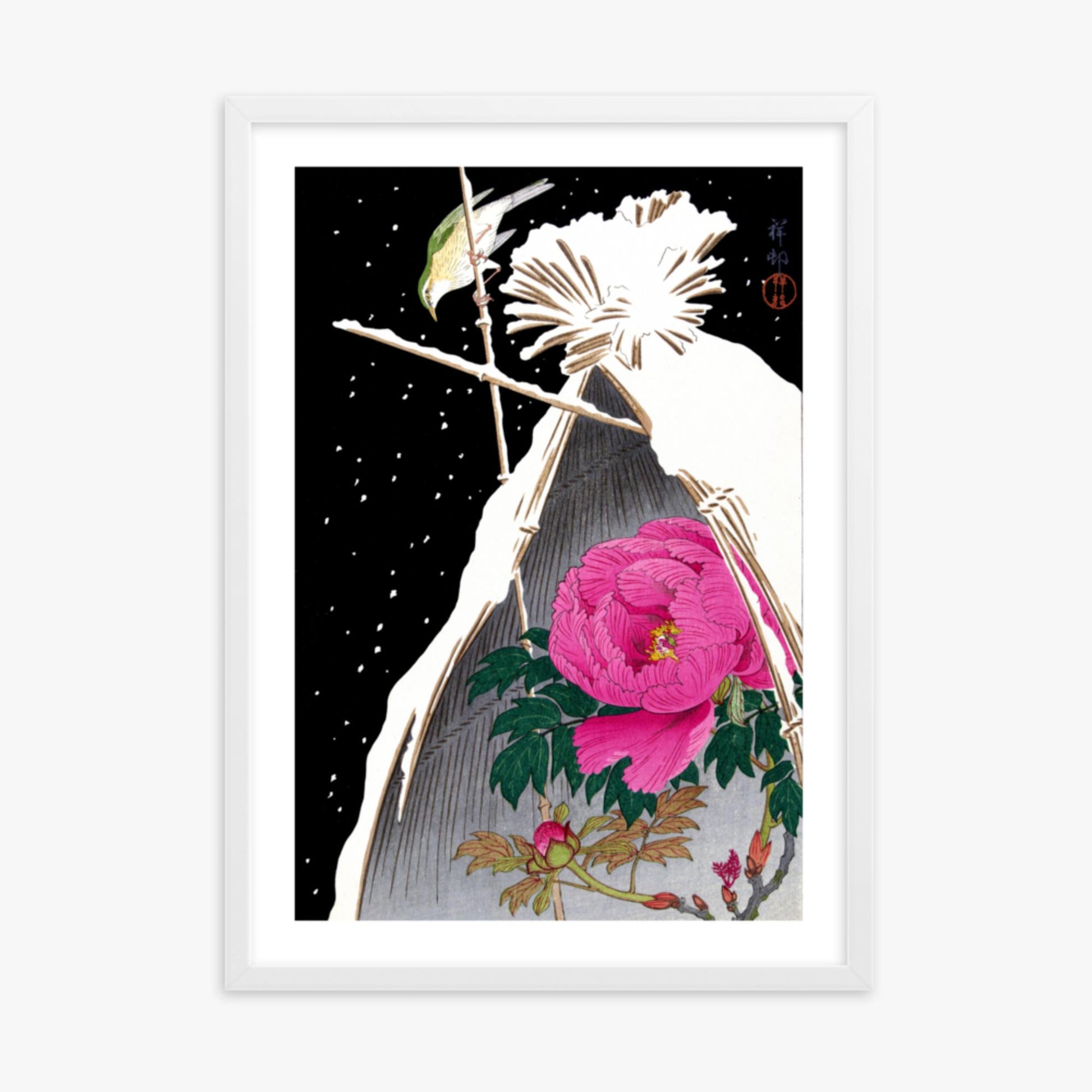 Ohara Koson - Siberian Bluechat Next to a Peony 50x70 cm Poster With White Frame