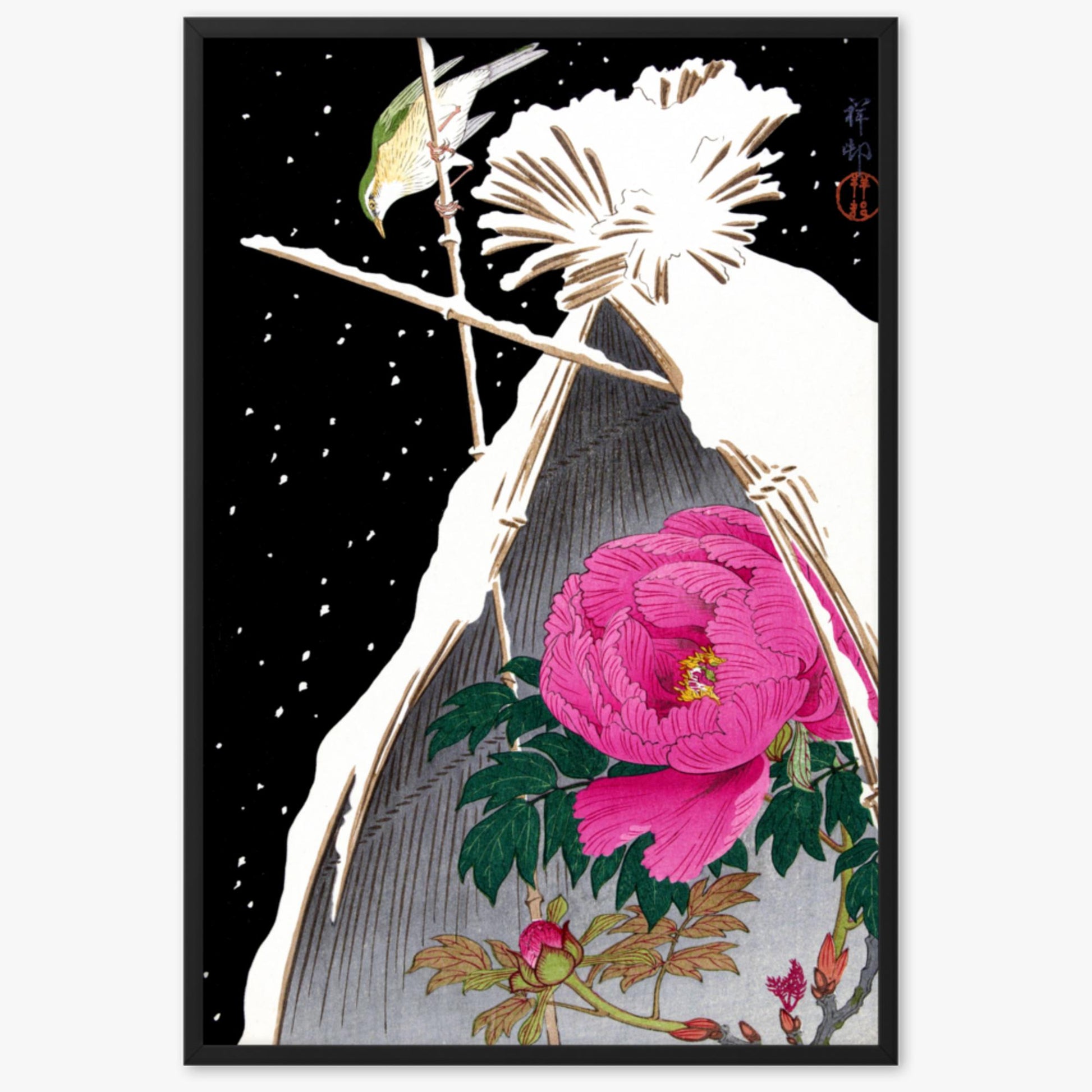 Ohara Koson - Siberian Bluechat Next to a Peony 61x91 cm Poster With Black Frame