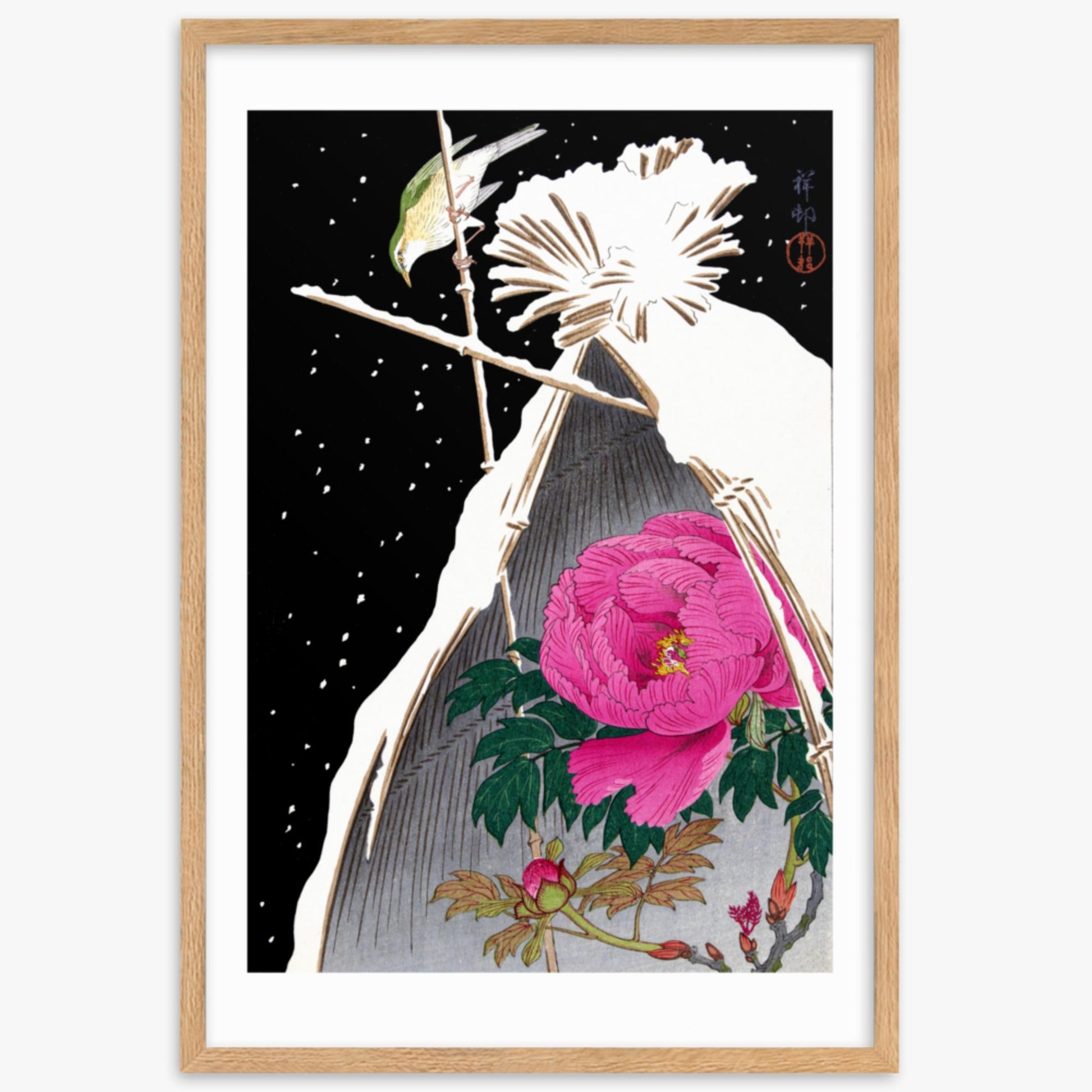 Ohara Koson - Siberian Bluechat Next to a Peony 61x91 cm Poster With Oak Frame