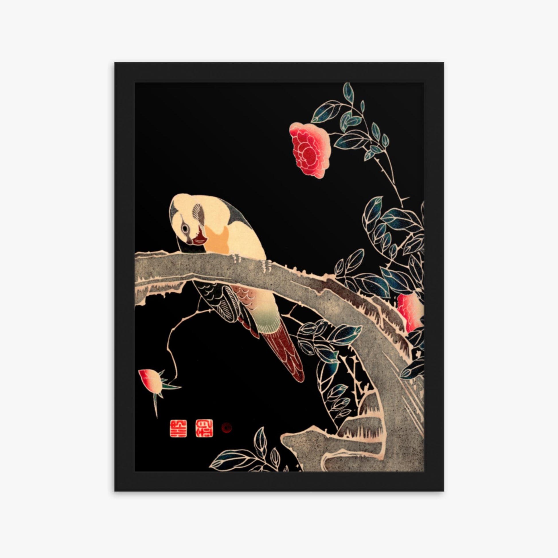 Ito Jakuchu - Parrot on the Branch of a Flowering Rose Bush 30x40 cm Poster With Black Frame