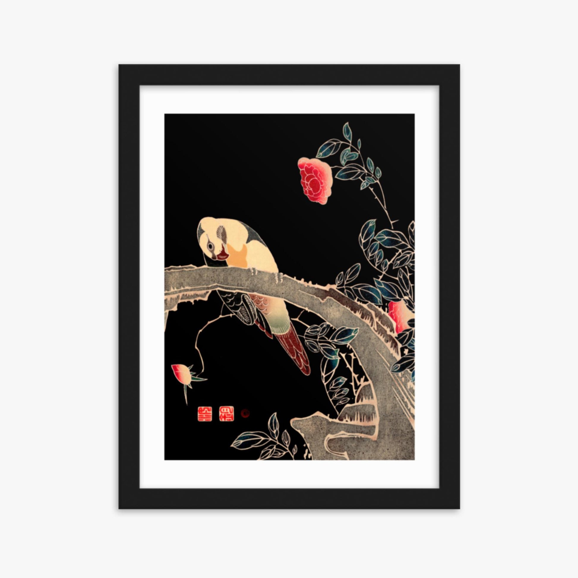 Ito Jakuchu - Parrot on the Branch of a Flowering Rose Bush 30x40 cm Poster With Black Frame