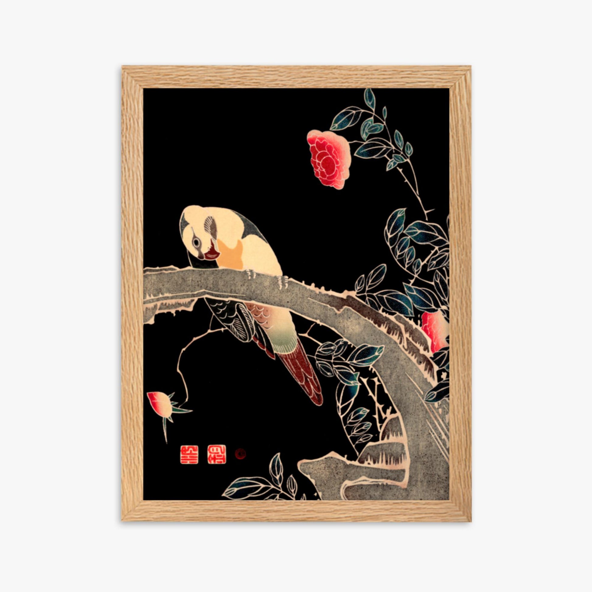 Ito Jakuchu - Parrot on the Branch of a Flowering Rose Bush 30x40 cm Poster With Oak Frame