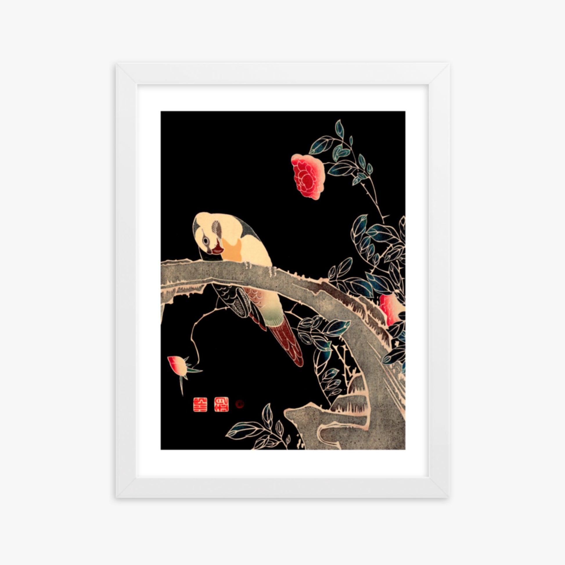 Ito Jakuchu - Parrot on the Branch of a Flowering Rose Bush 30x40 cm Poster With White Frame