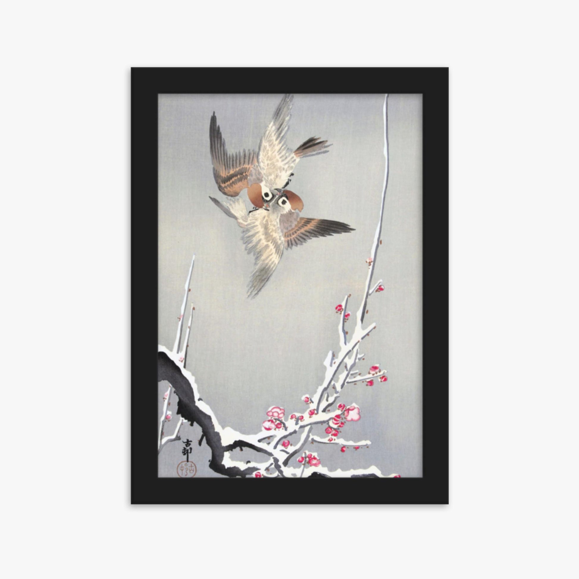 Ohara Koson - Sparrows and Snowy Plum Tree 21x30 cm Poster With Black Frame