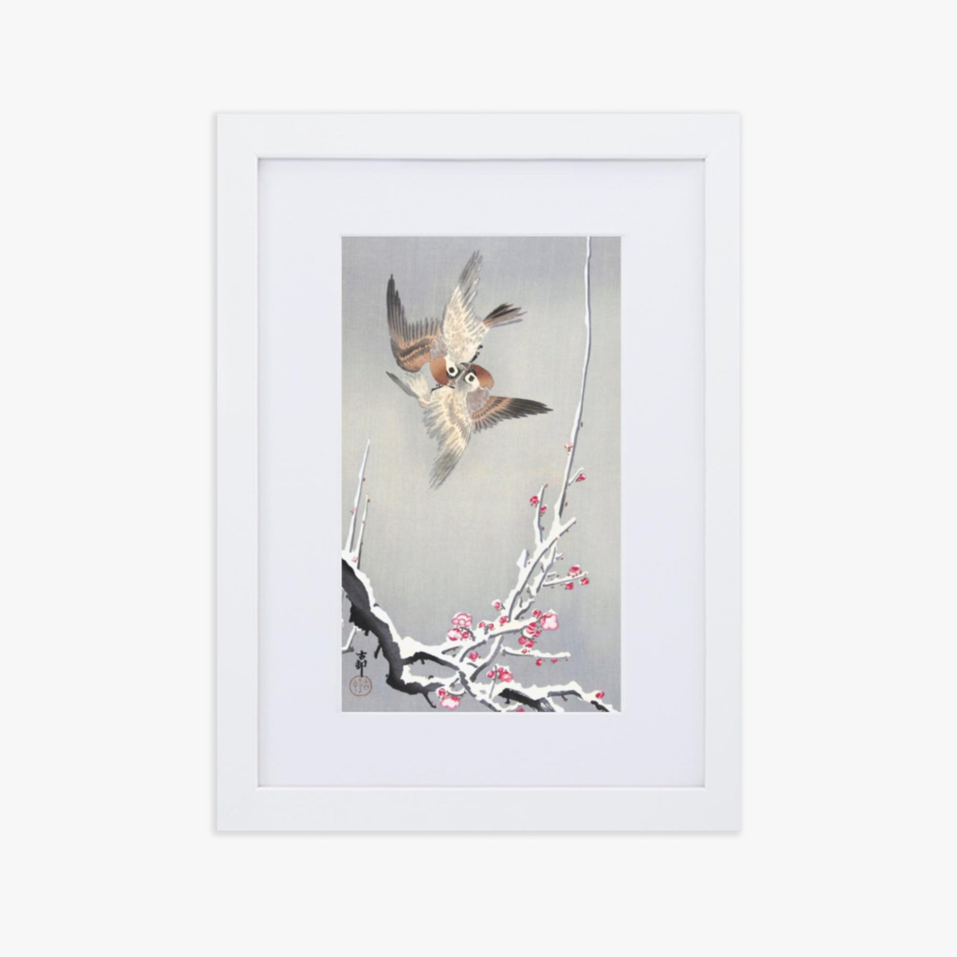 Ohara Koson - Sparrows and Snowy Plum Tree 21x30 cm Poster With White Frame