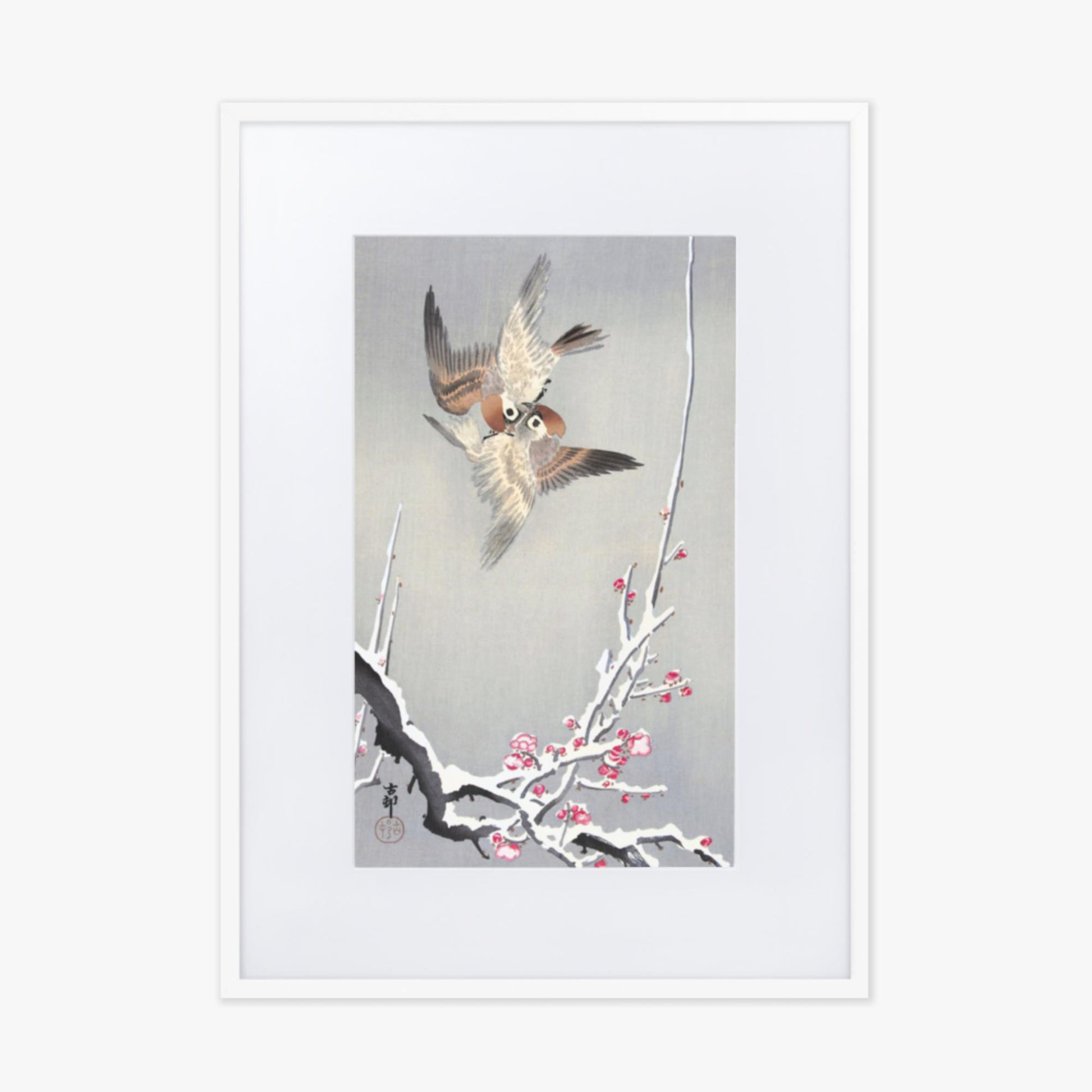 Ohara Koson - Sparrows and Snowy Plum Tree 50x70 cm Poster With White Frame