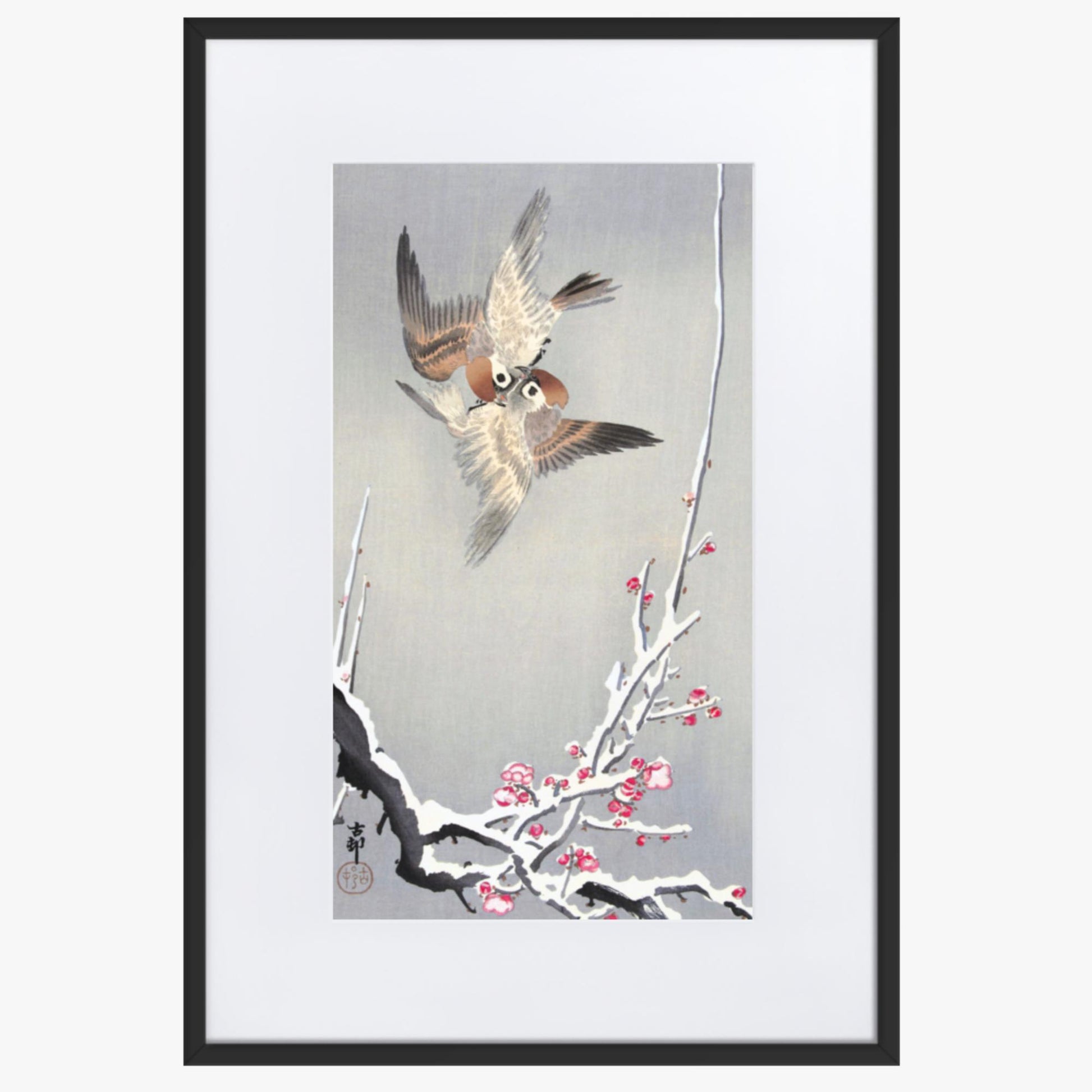 Ohara Koson - Sparrows and Snowy Plum Tree 61x91 cm Poster With Black Frame